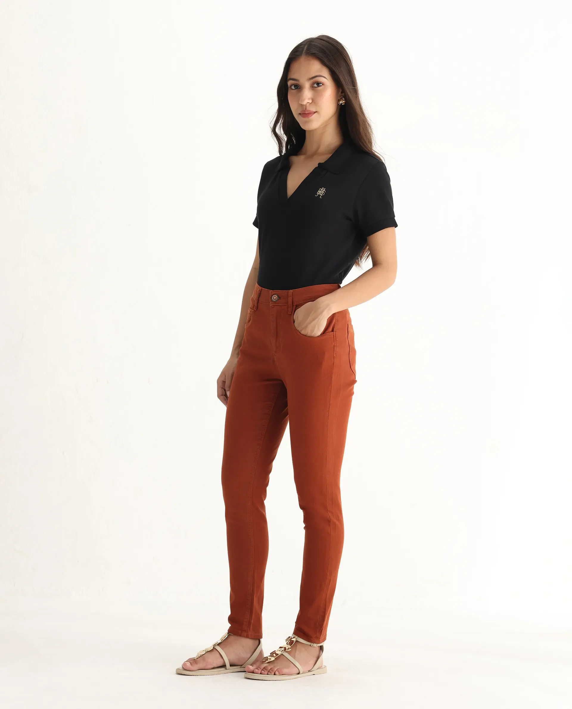 Rareism Women's Metty Rust Cotton Blend Plain Ankle Length Slim Fit Jeans - Image 7