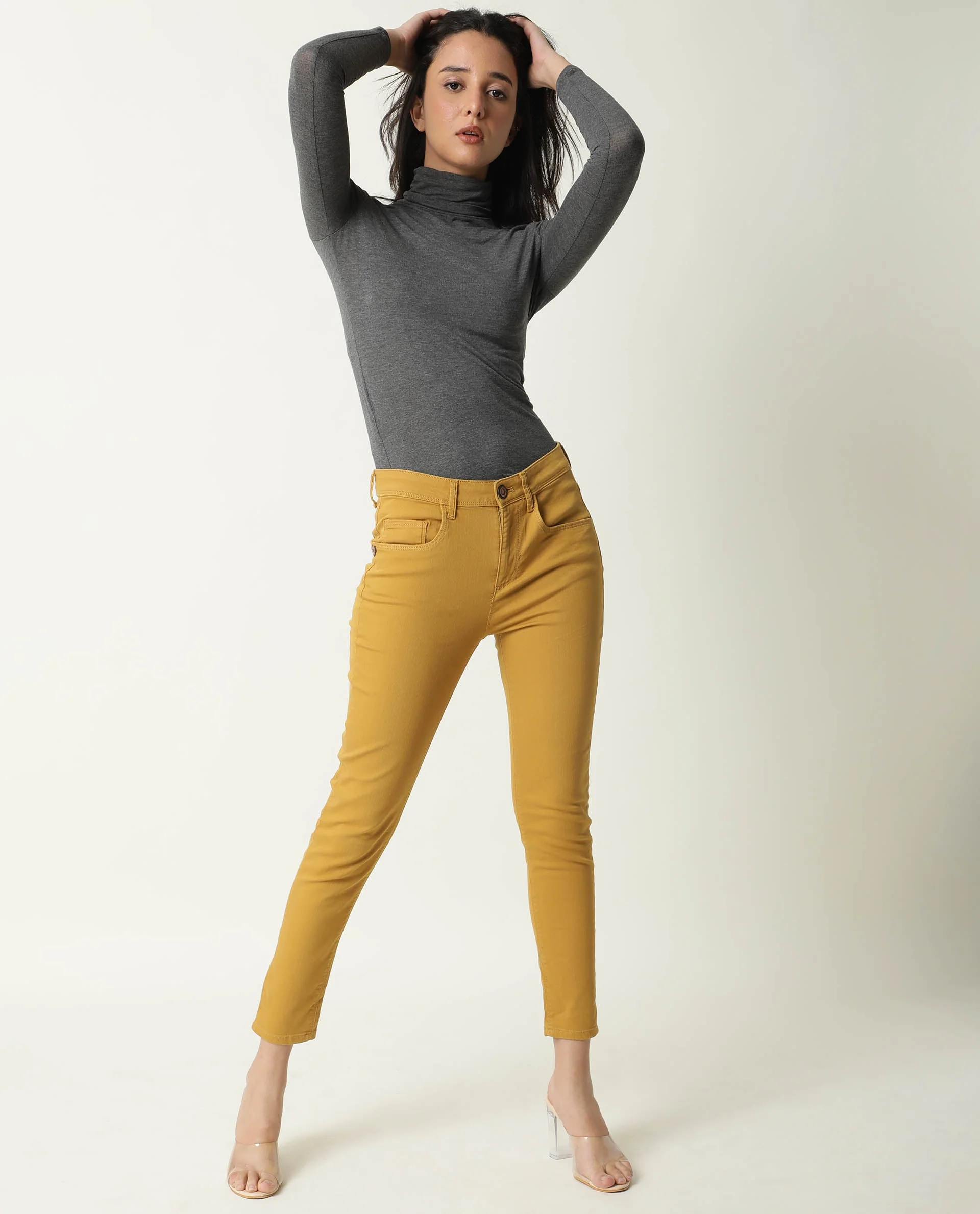 Rareism Women's Metty Mustard Cotton Blend Plain Ankle Length Slim Fit Jeans - Image 2