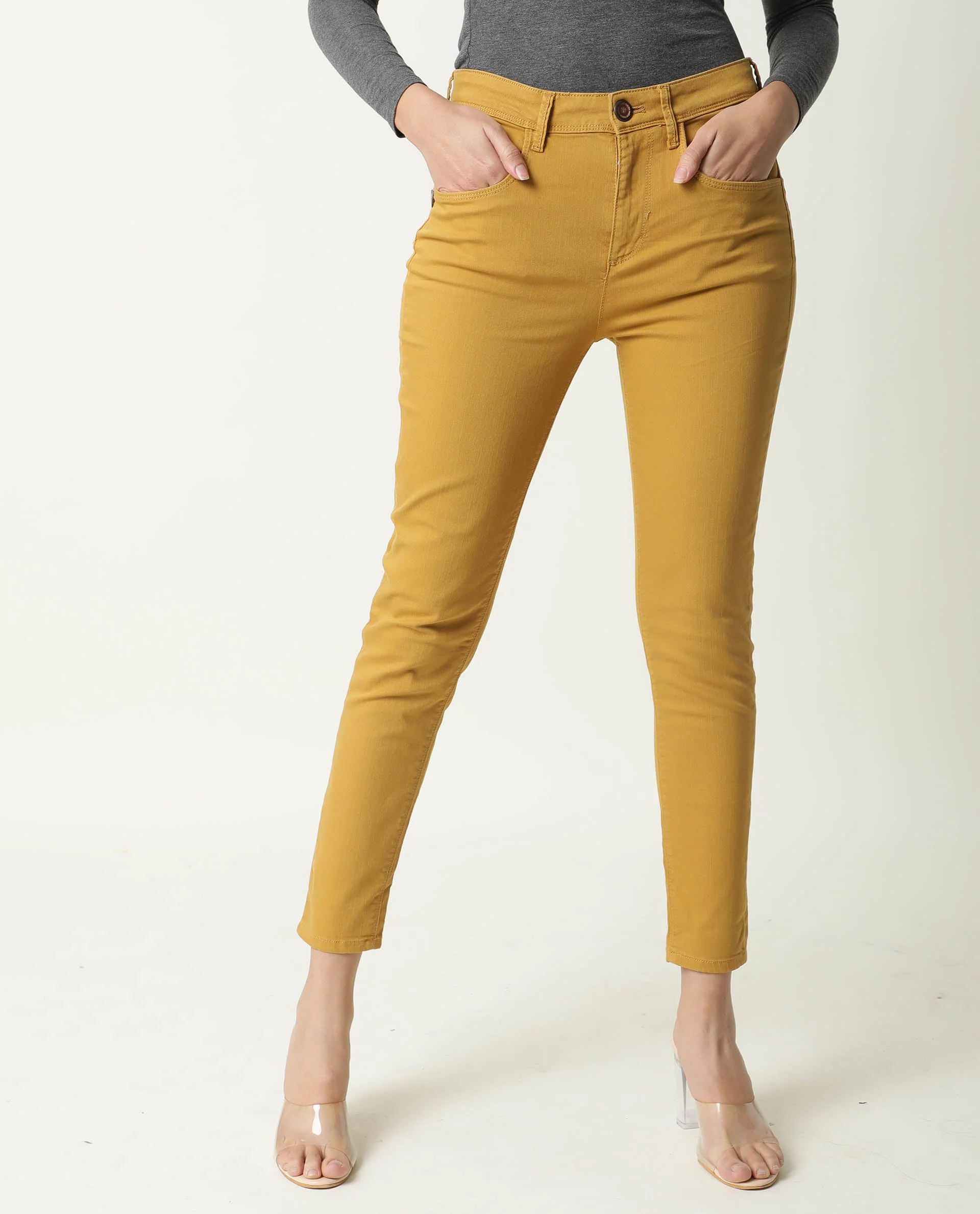 Rareism Women's Metty Mustard Cotton Blend Plain Ankle Length Slim Fit Jeans - Image 4