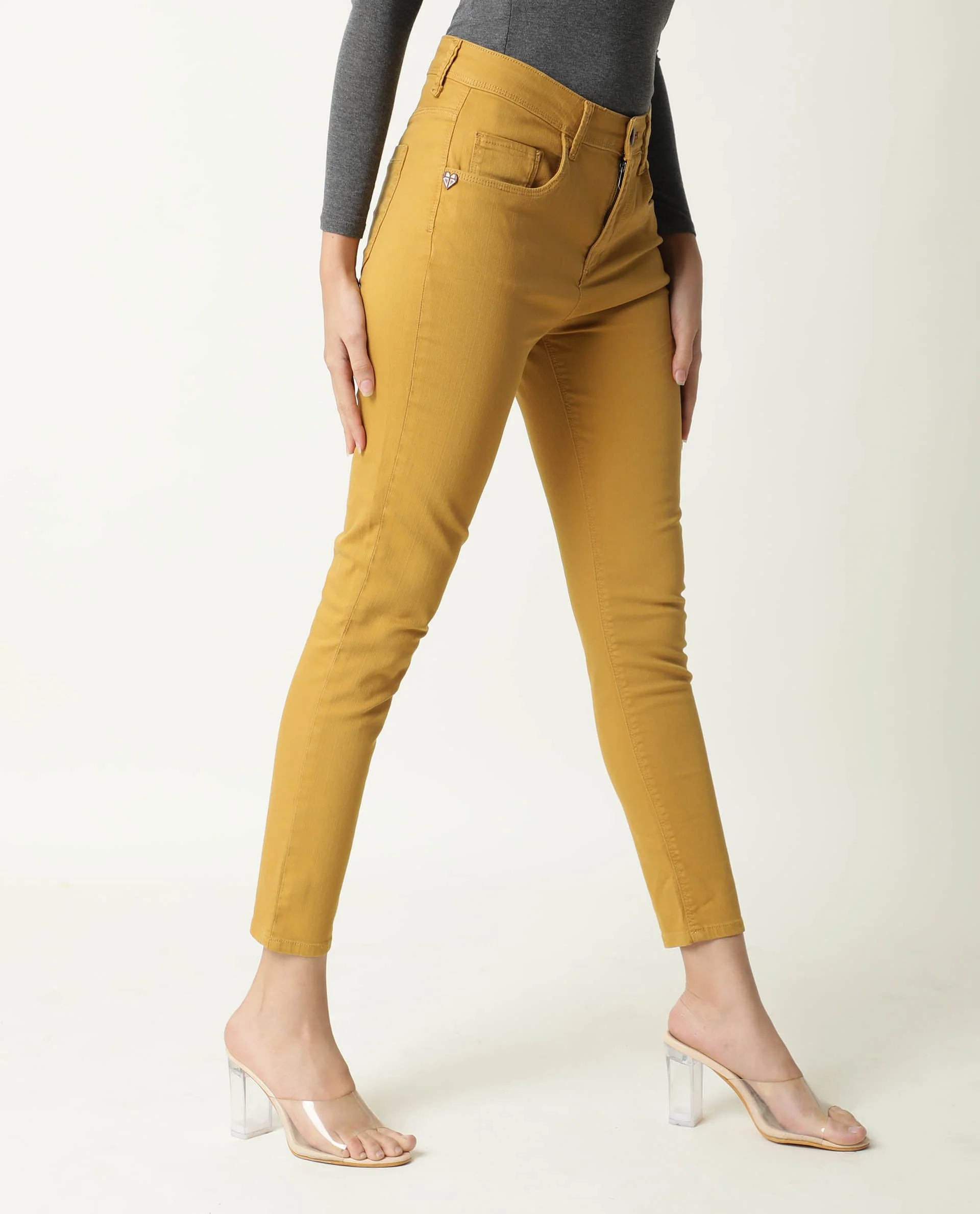 Rareism Women's Metty Mustard Cotton Blend Plain Ankle Length Slim Fit Jeans - Image 6