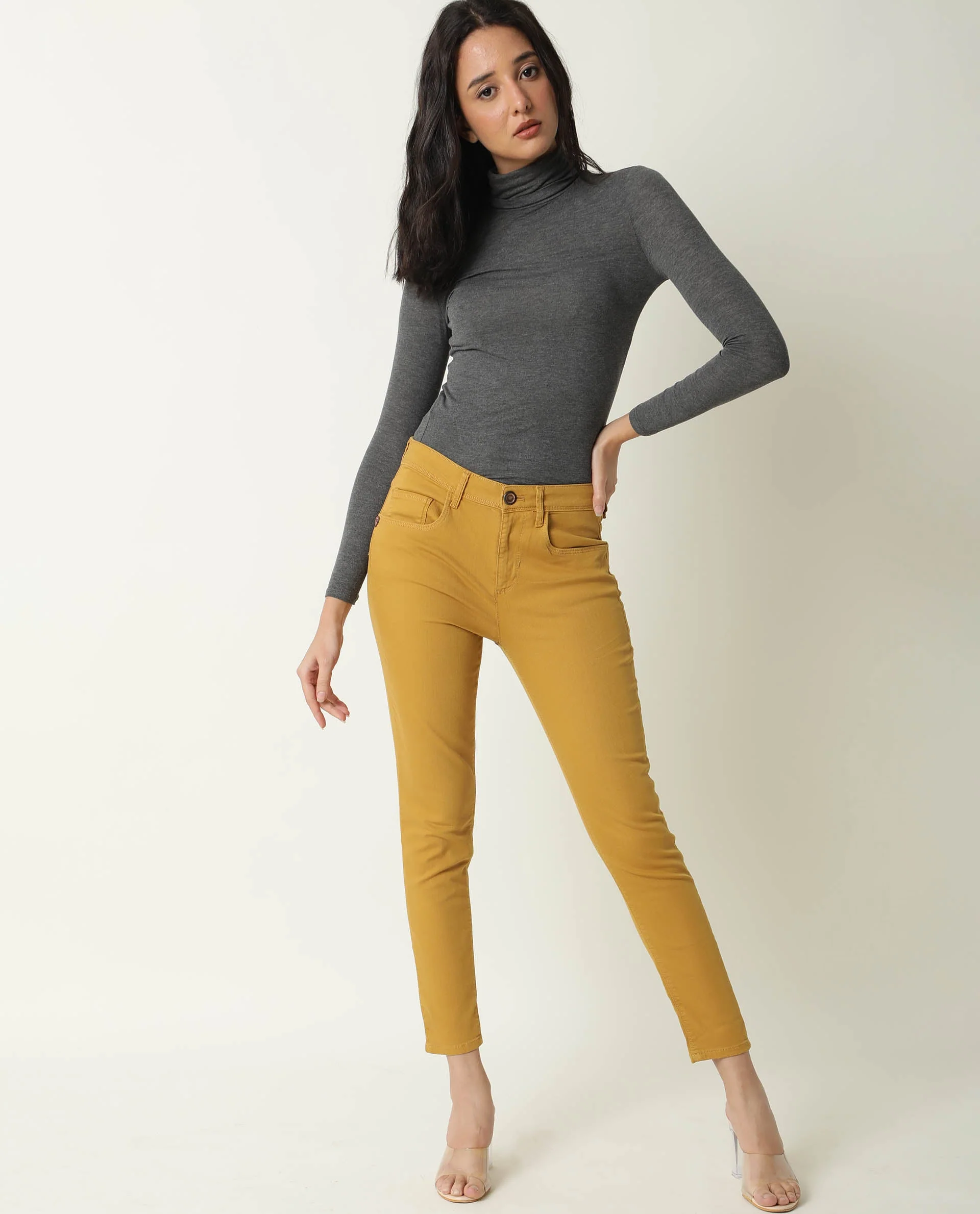Rareism Women's Metty Mustard Cotton Blend Plain Ankle Length Slim Fit Jeans - Image 8
