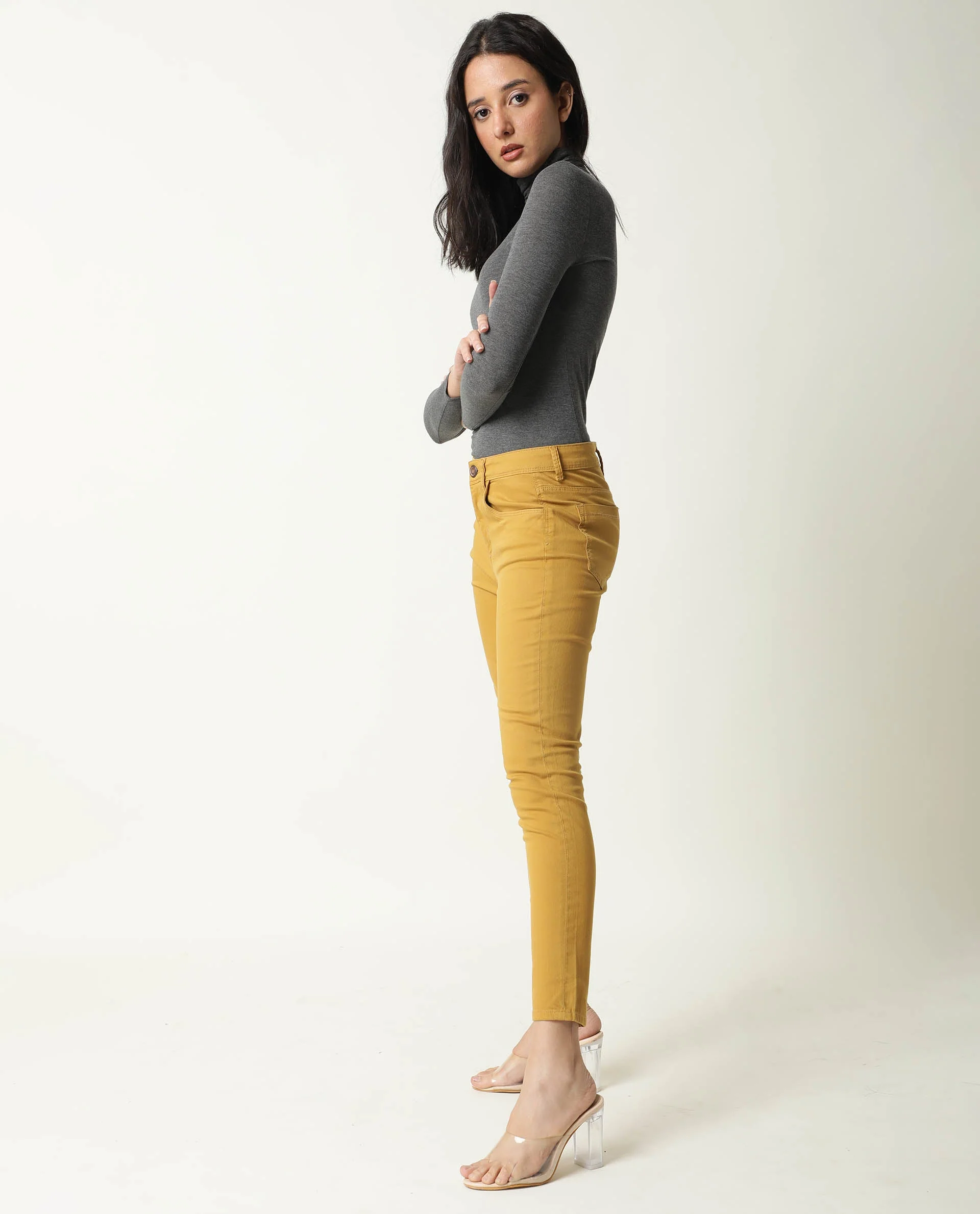 Rareism Women's Metty Mustard Cotton Blend Plain Ankle Length Slim Fit Jeans - Image 9