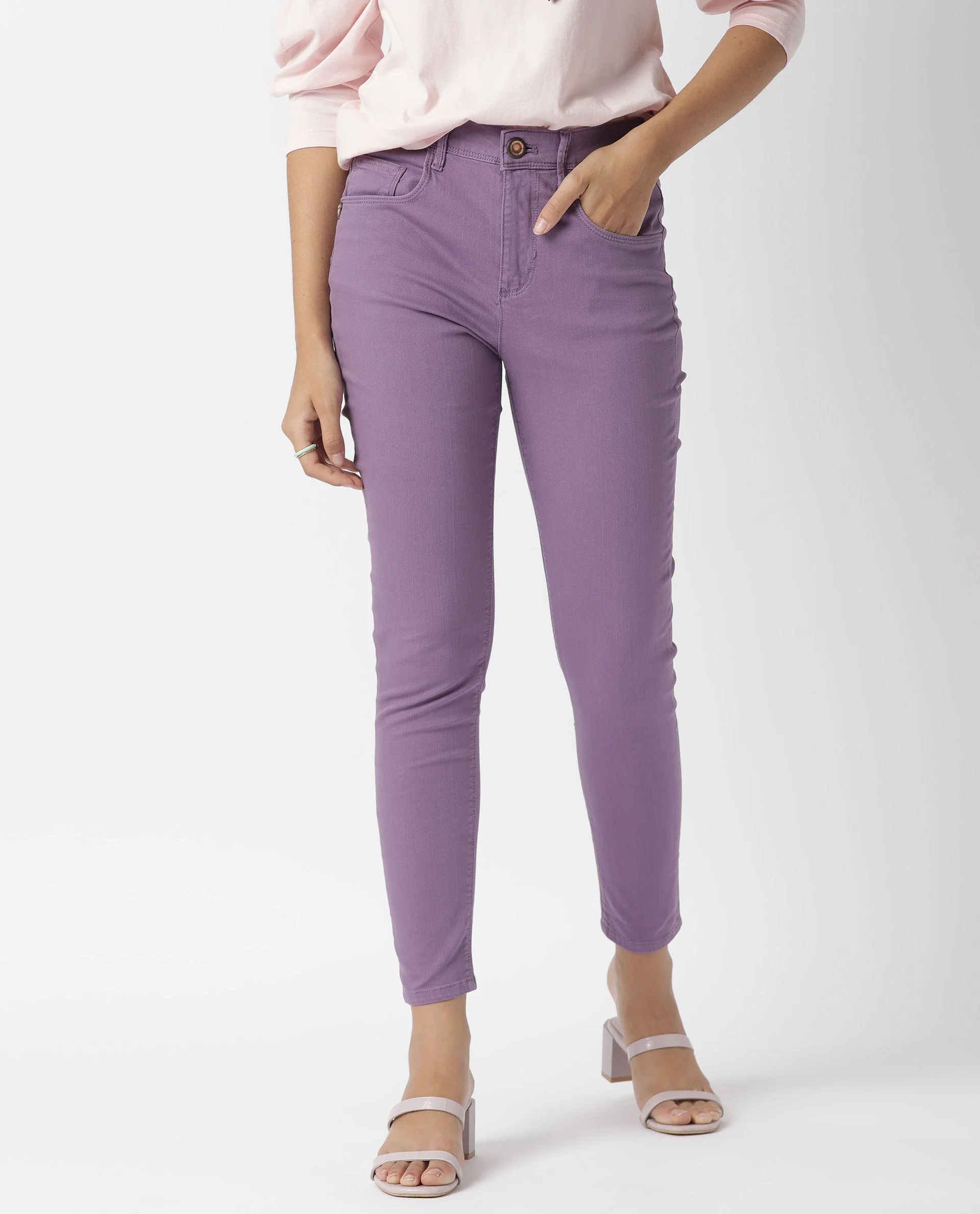 Rareism Women's Metty Purple Cotton Blend Plain Ankle Length Slim Fit Jeans - Image 3