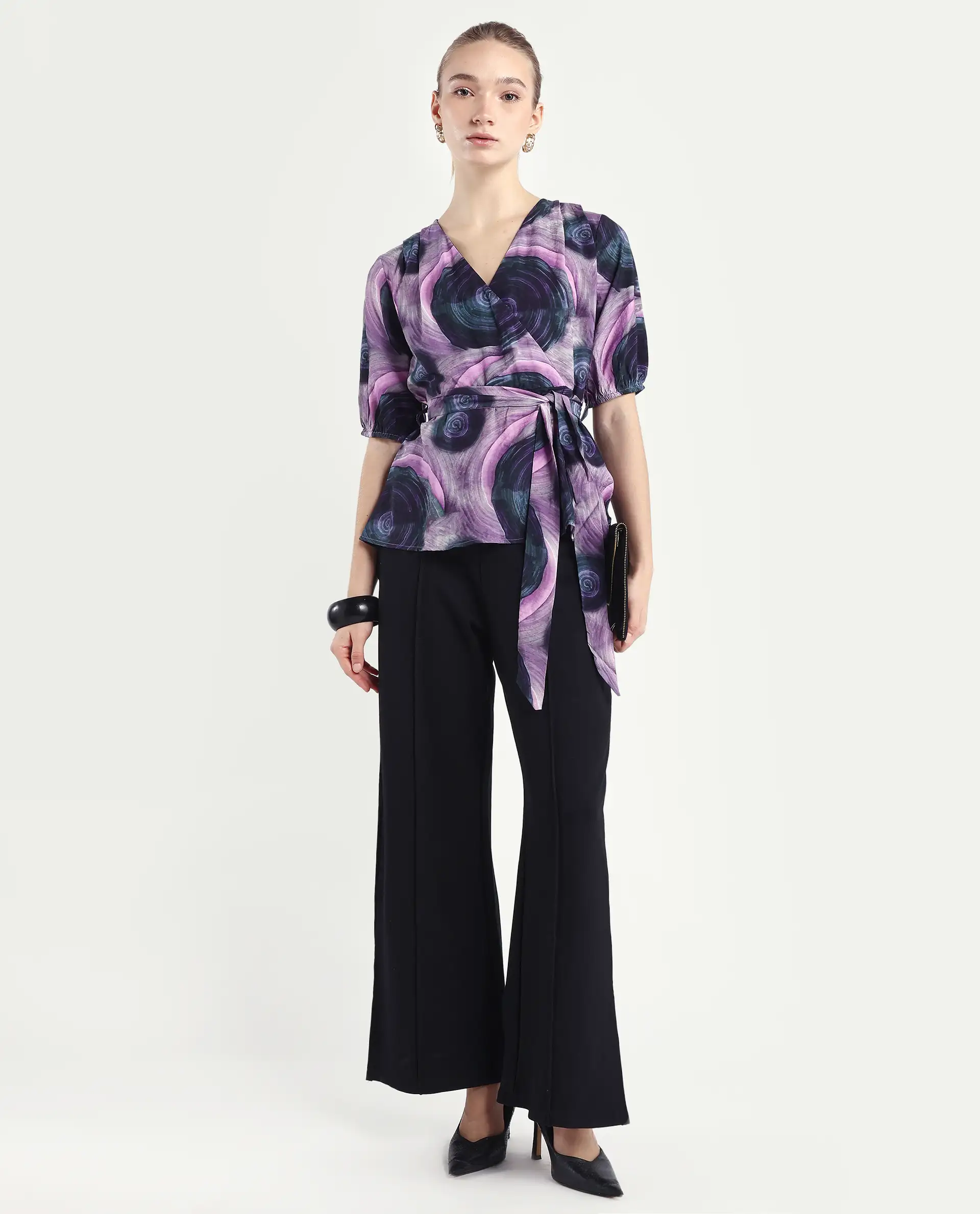 Rareism Women's Metunia Dark Multi Nylon Blend Overlap Neck Abstract Print Puff Sleeves Regular Fit Top - Image 2