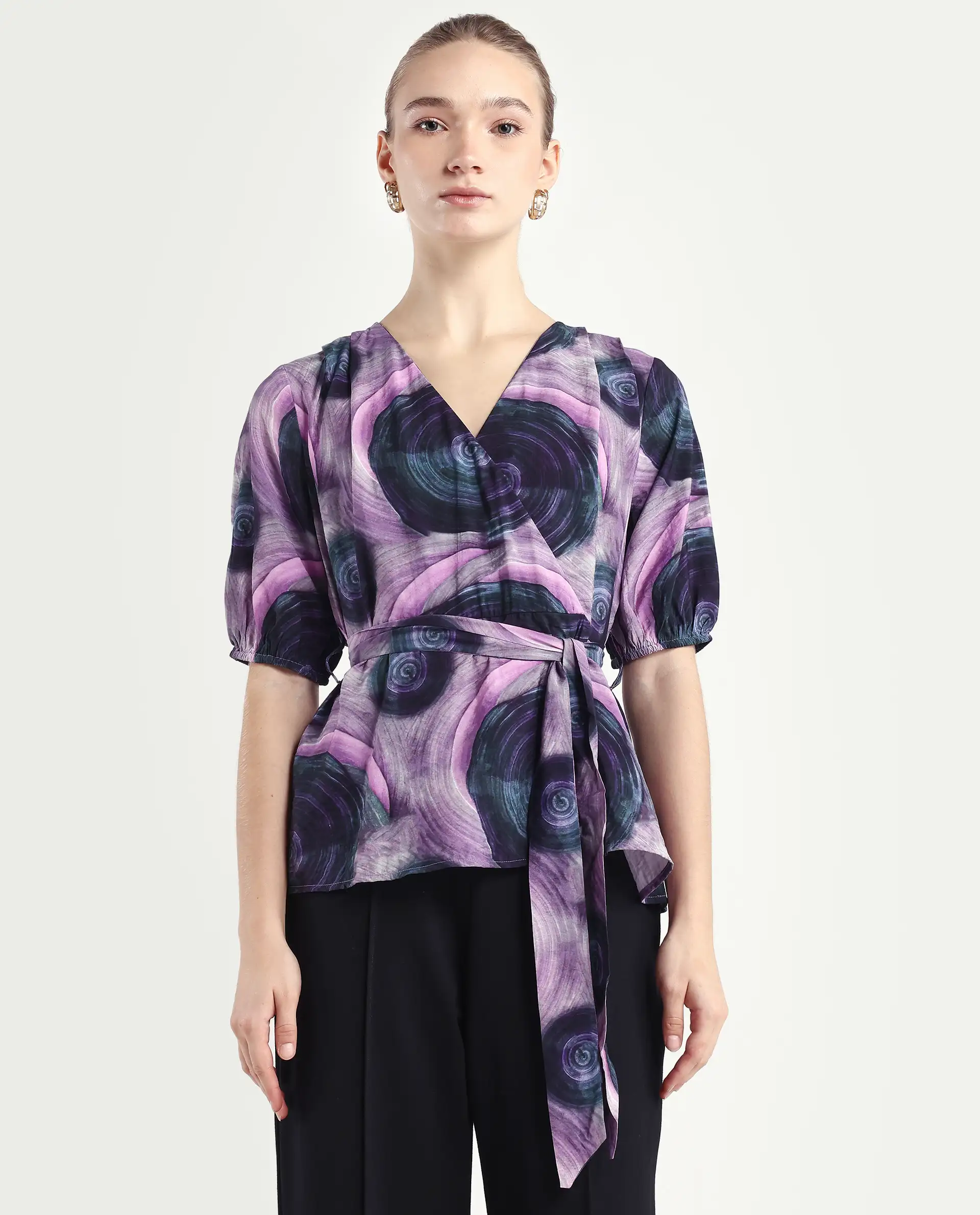 Rareism Women's Metunia Dark Multi Nylon Blend Overlap Neck Abstract Print Puff Sleeves Regular Fit Top - Image 3