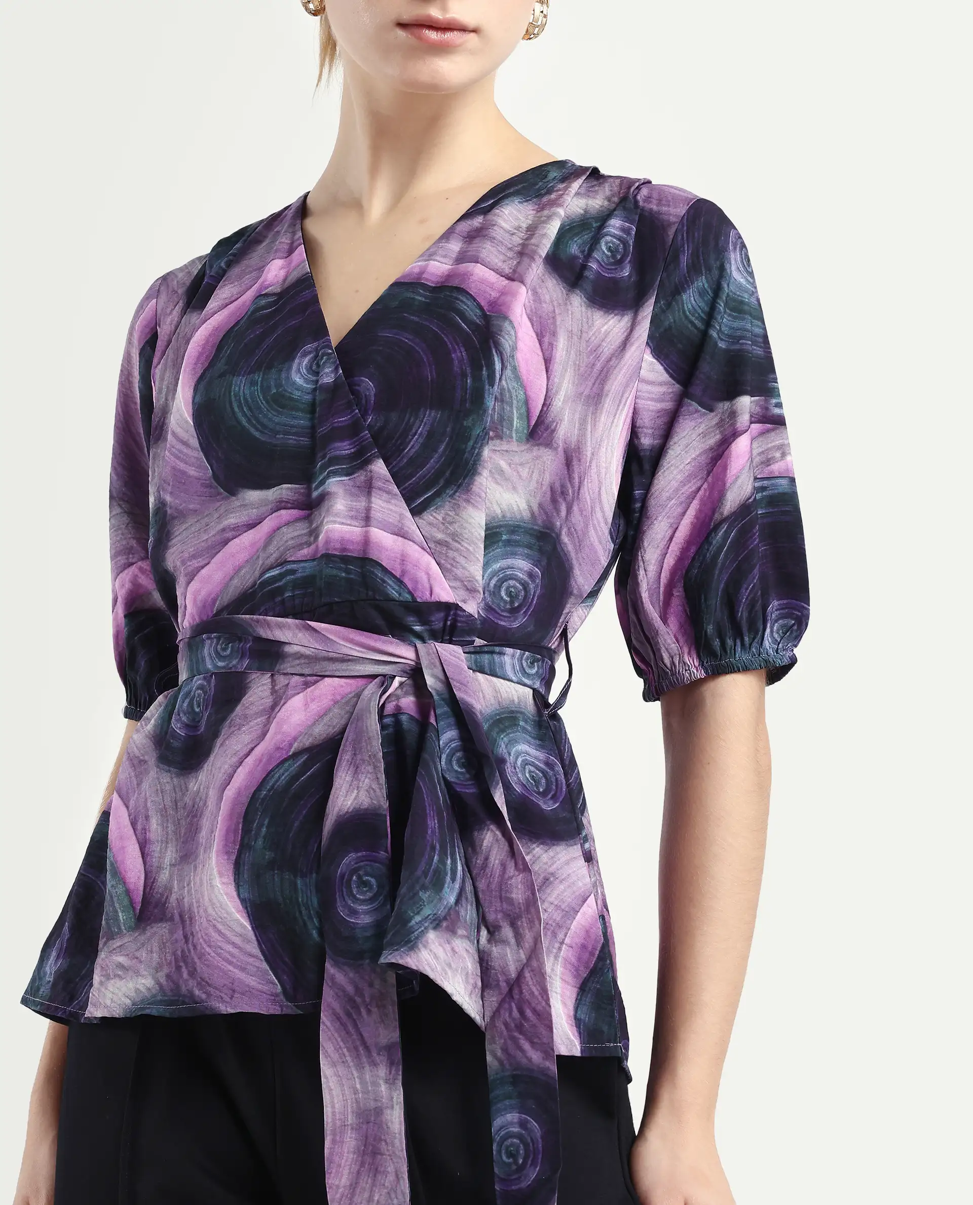 Rareism Women's Metunia Dark Multi Nylon Blend Overlap Neck Abstract Print Puff Sleeves Regular Fit Top - Image 4