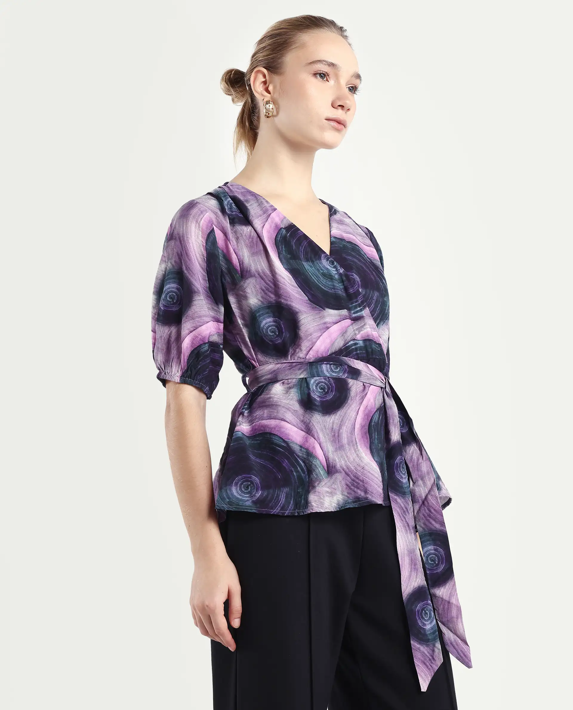 Rareism Women's Metunia Dark Multi Nylon Blend Overlap Neck Abstract Print Puff Sleeves Regular Fit Top - Image 6