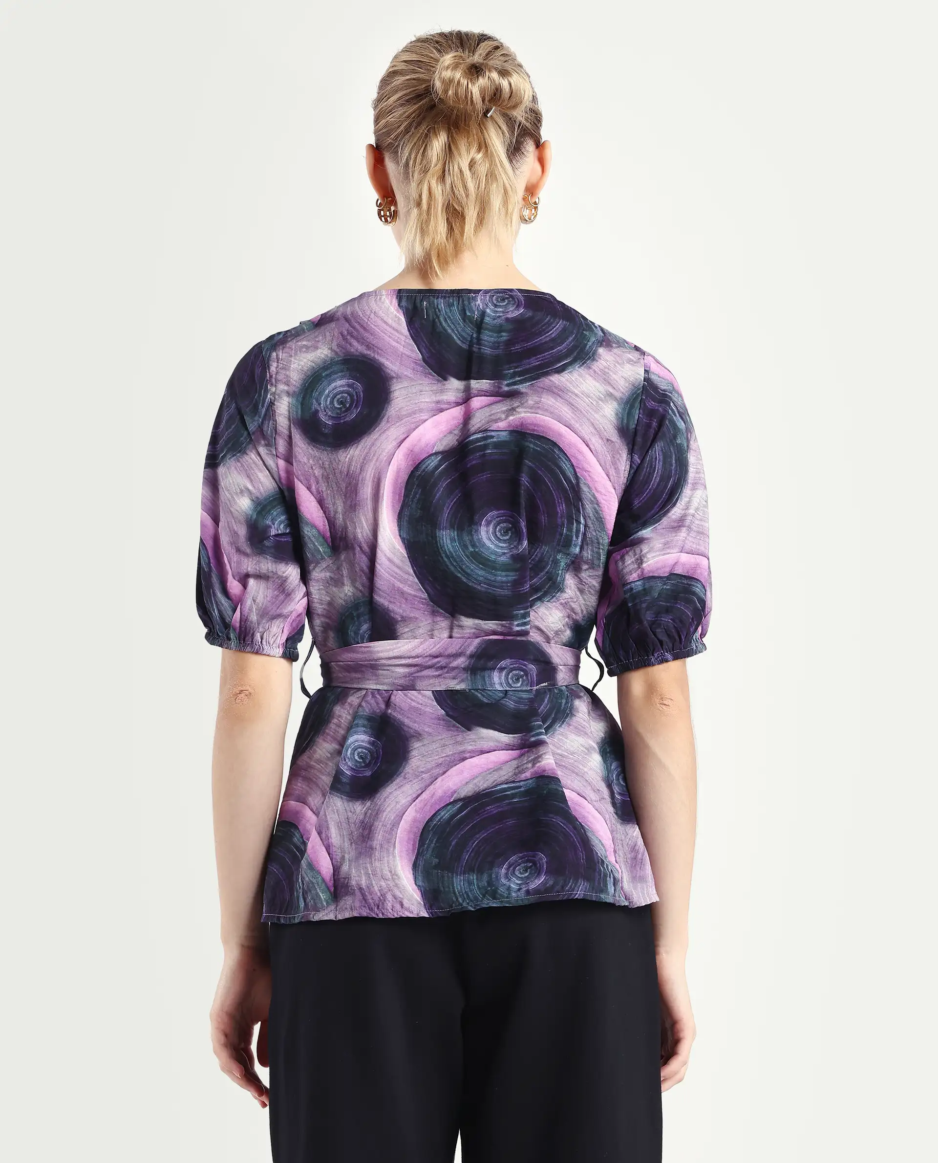 Rareism Women's Metunia Dark Multi Nylon Blend Overlap Neck Abstract Print Puff Sleeves Regular Fit Top - Image 7