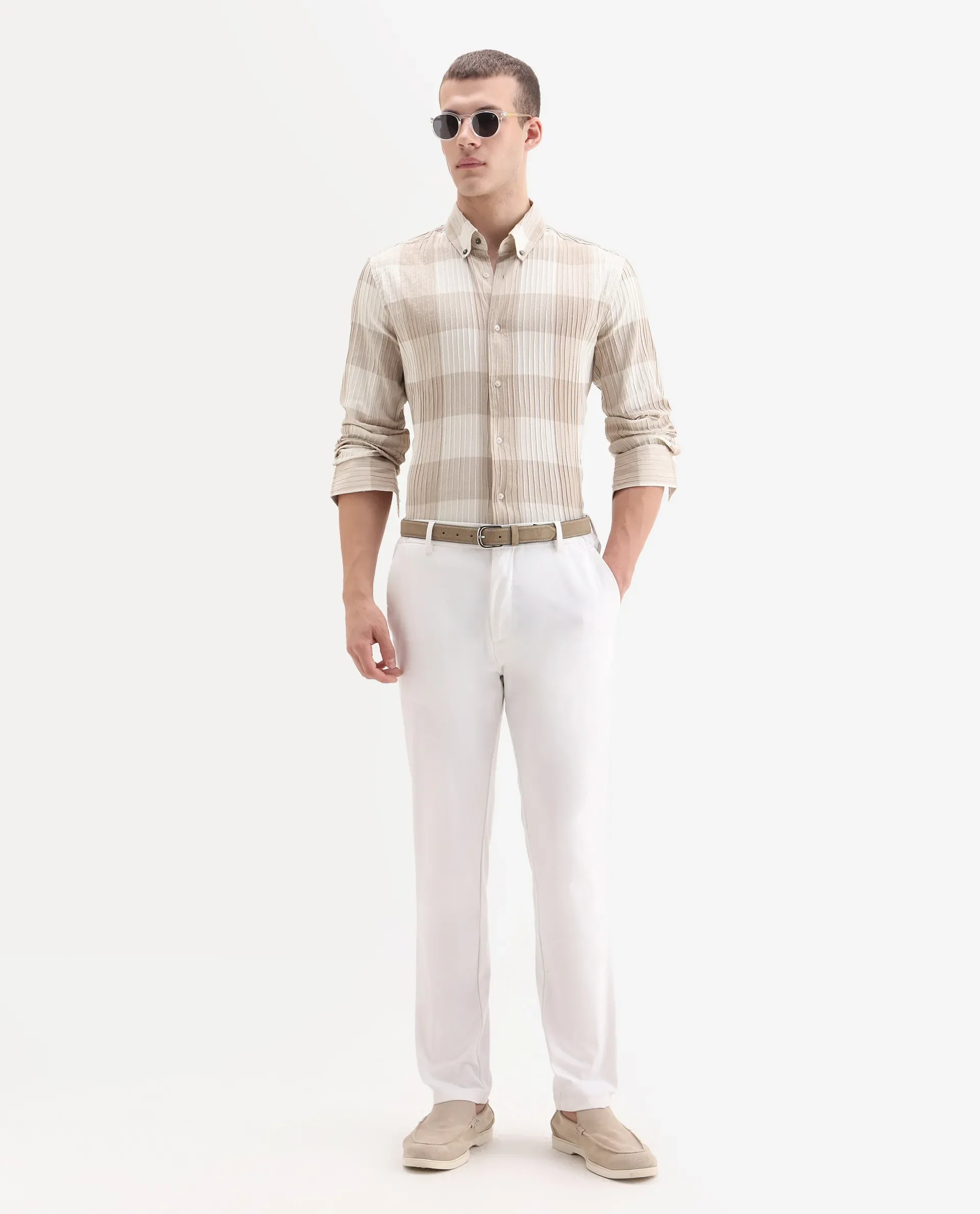 Rare Rabbit Men's Mew Brown Cotton Checked Print Regular Fit Full Sleeve Button-Down Collar Shirt - Image 2