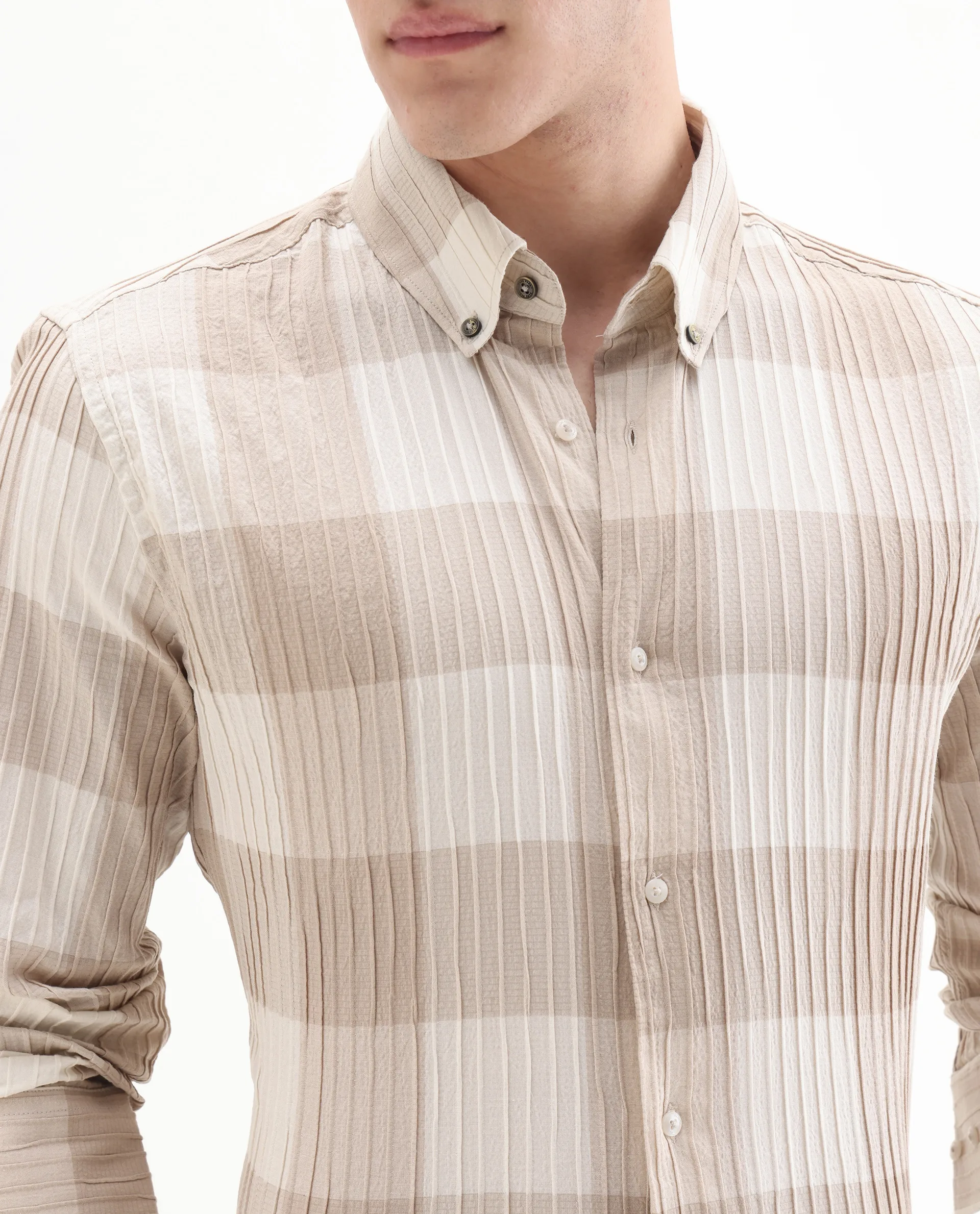 Rare Rabbit Men's Mew Brown Cotton Checked Print Regular Fit Full Sleeve Button-Down Collar Shirt - Image 3