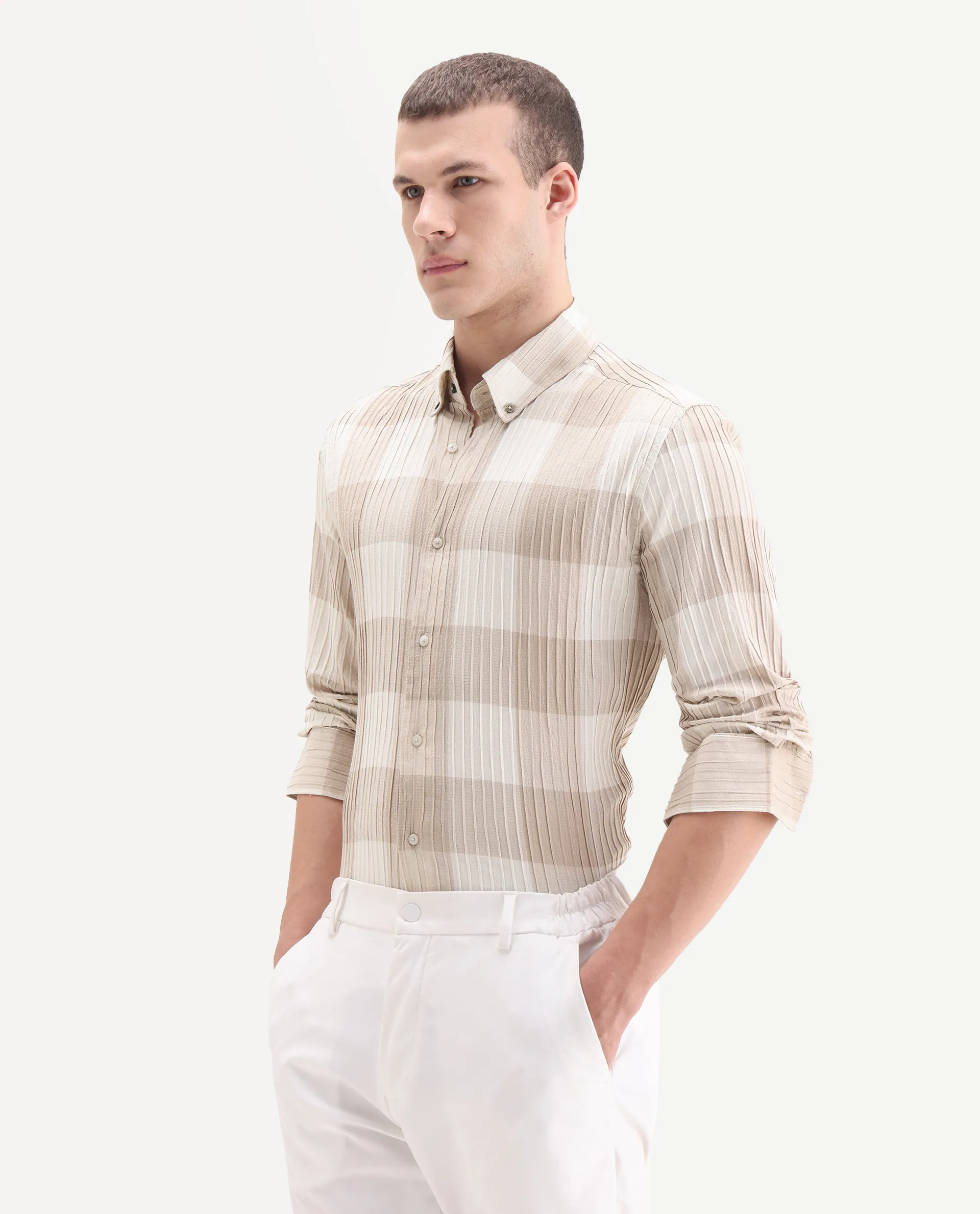 Rare Rabbit Men's Mew Brown Cotton Checked Print Regular Fit Full Sleeve Button-Down Collar Shirt - Image 4