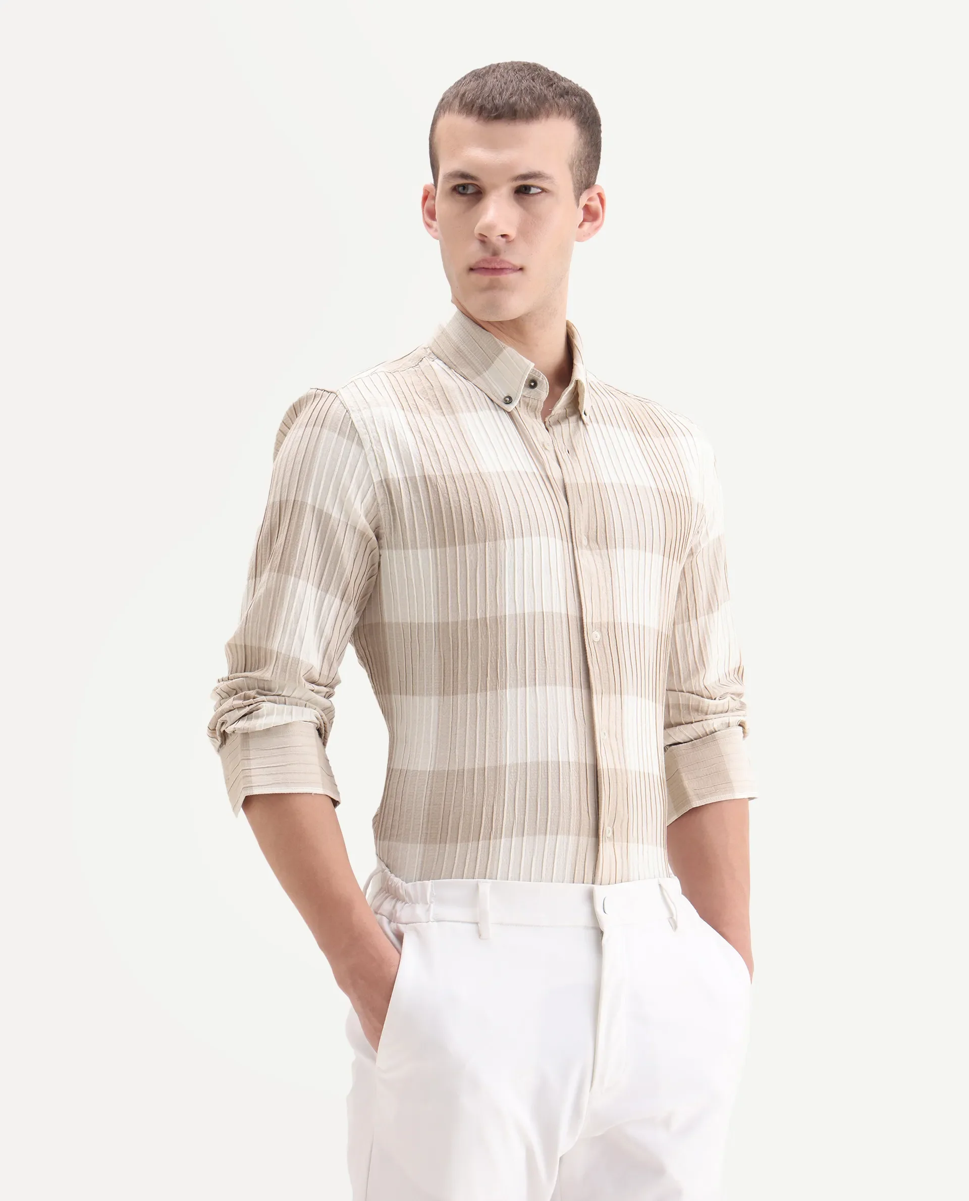 Rare Rabbit Men's Mew Brown Cotton Checked Print Regular Fit Full Sleeve Button-Down Collar Shirt - Image 5