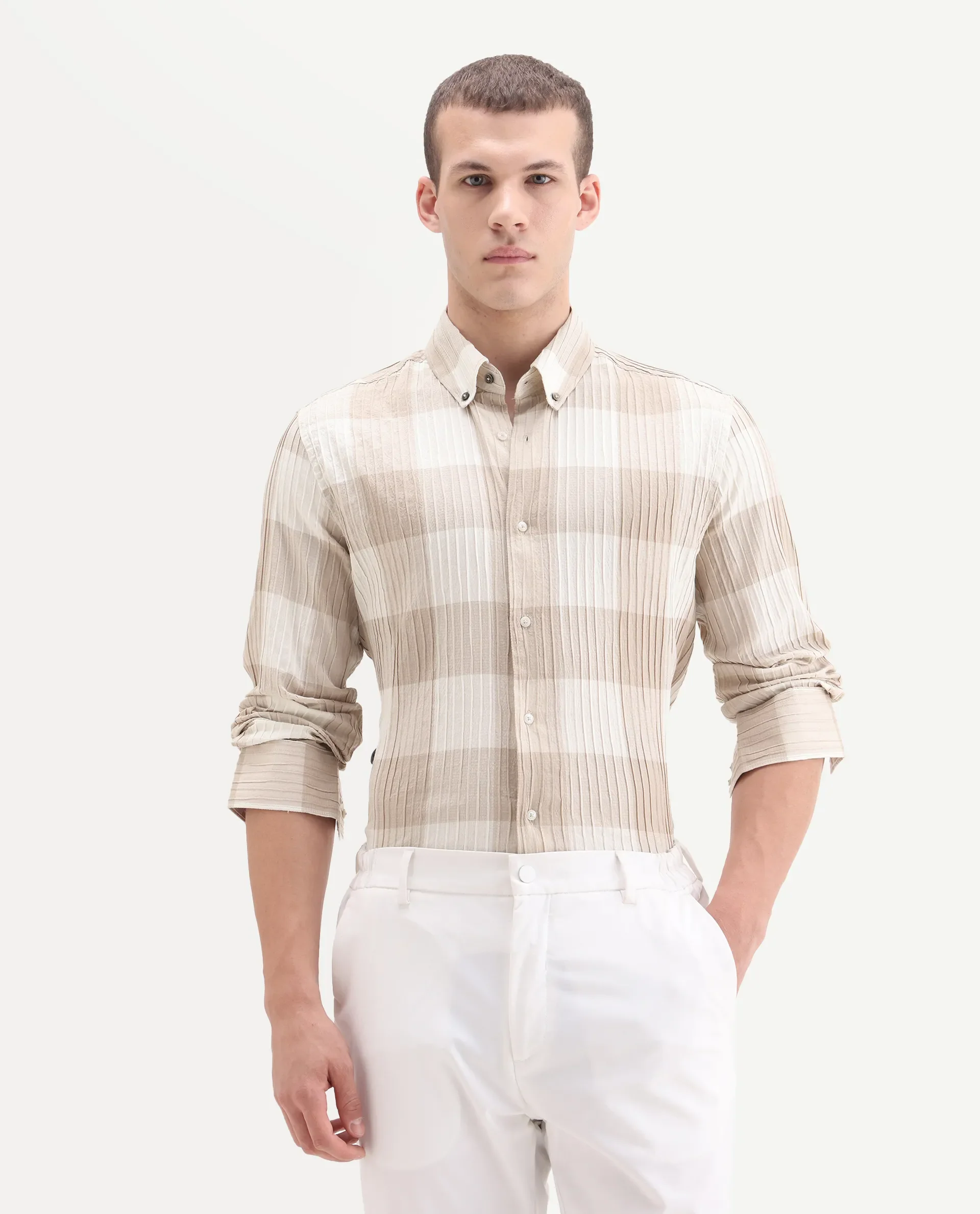 Rare Rabbit Men's Mew Brown Cotton Checked Print Regular Fit Full Sleeve Button-Down Collar Shirt - Image 6