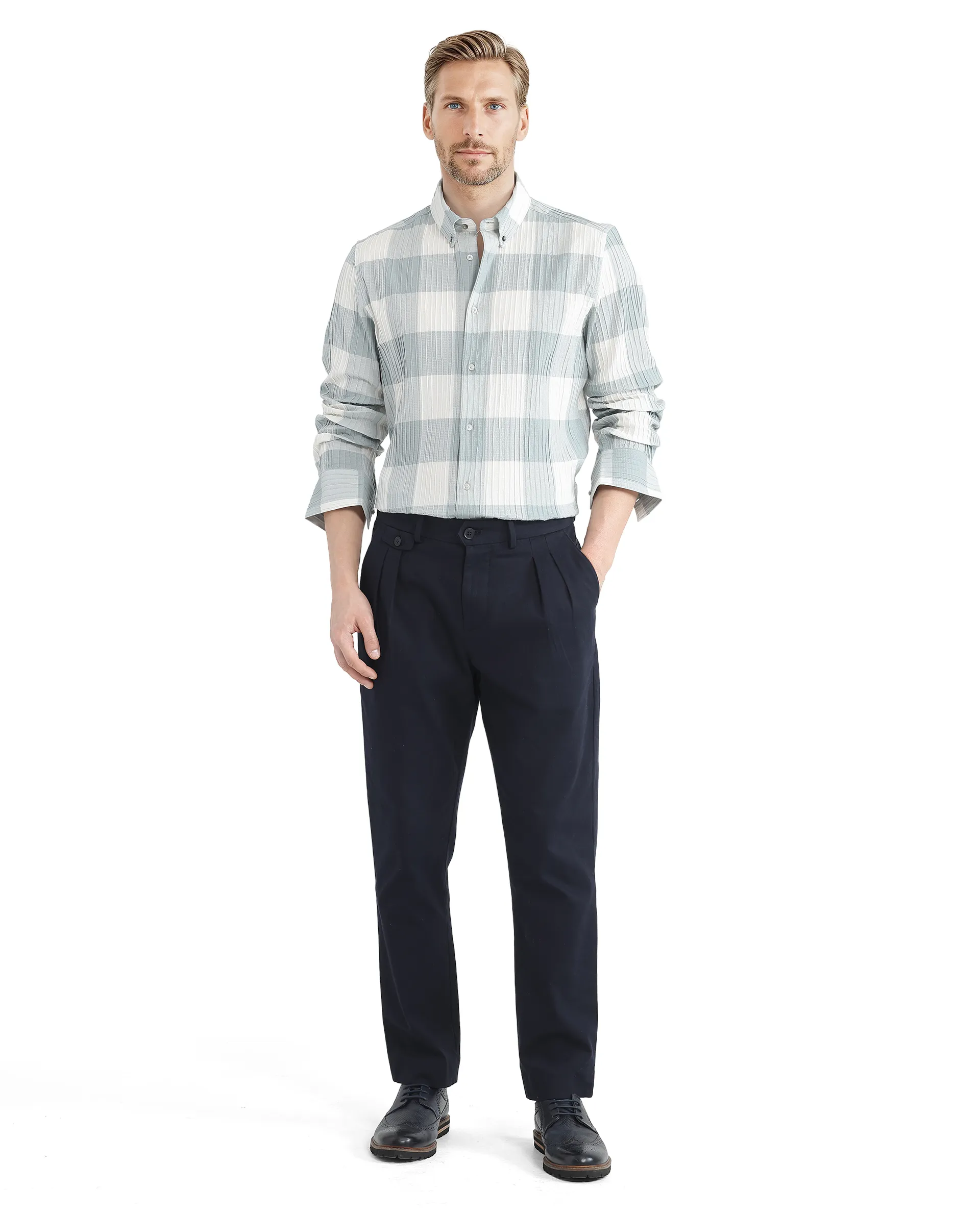Rare Rabbit Men's Mew Turq Cotton Checked Print Regular Fit Half Sleeve Collared Shirt - Image 2