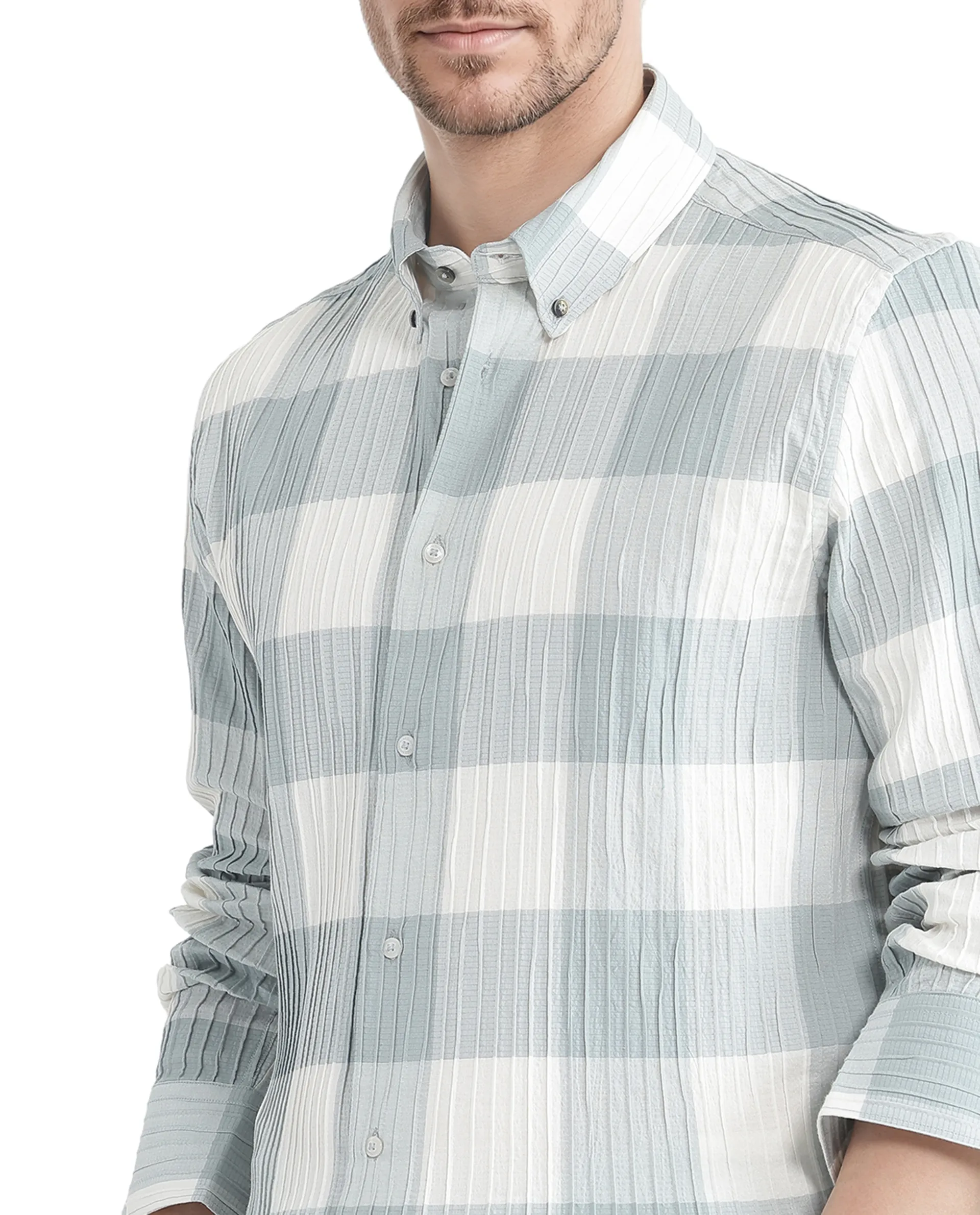 Rare Rabbit Men's Mew Turq Cotton Checked Print Regular Fit Half Sleeve Collared Shirt - Image 3