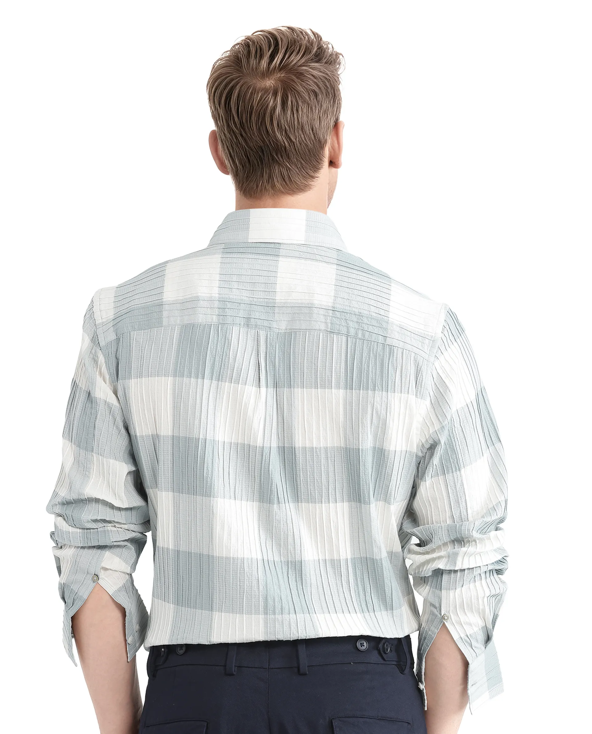 Rare Rabbit Men's Mew Turq Cotton Checked Print Regular Fit Half Sleeve Collared Shirt - Image 4