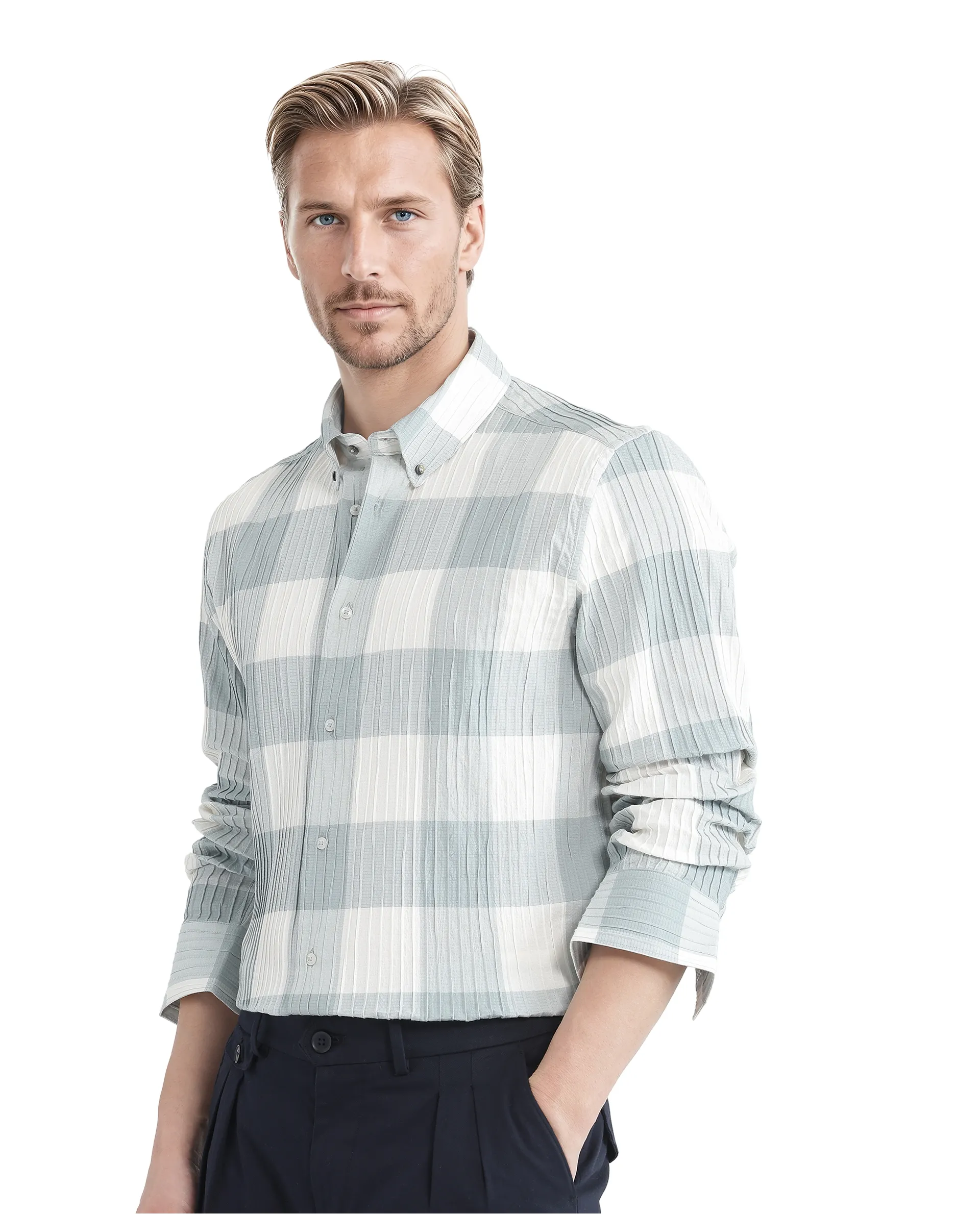 Rare Rabbit Men's Mew Turq Cotton Checked Print Regular Fit Half Sleeve Collared Shirt - Image 5