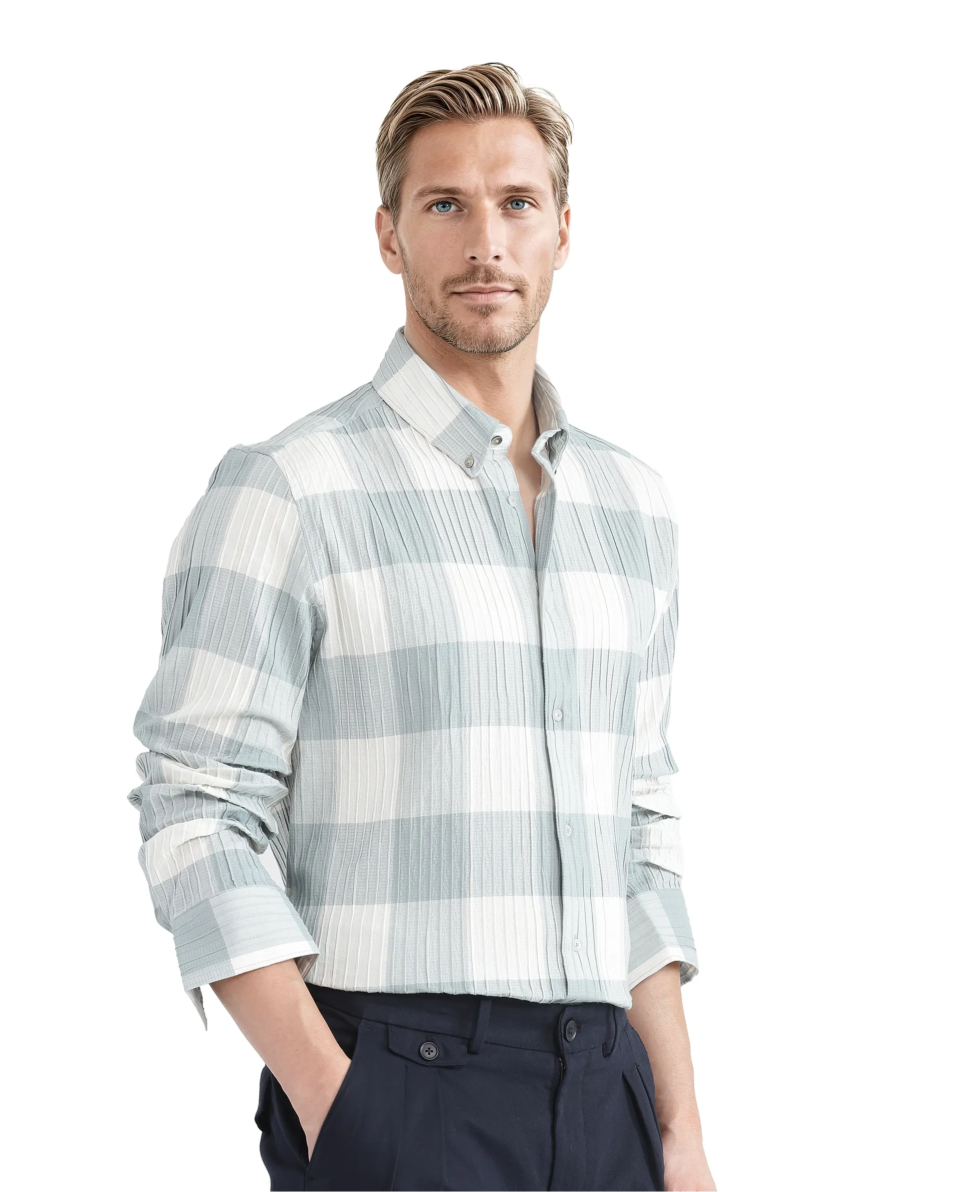 Rare Rabbit Men's Mew Turq Cotton Checked Print Regular Fit Half Sleeve Collared Shirt - Image 6