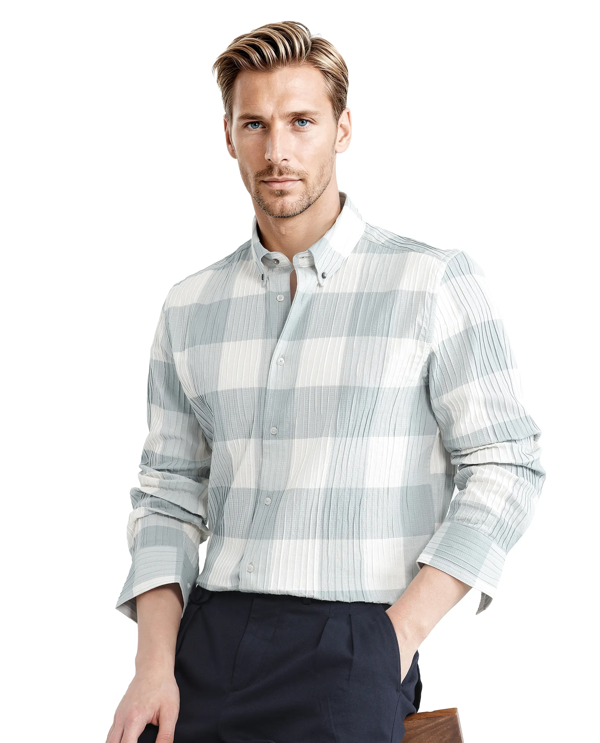 Rare Rabbit Men's Mew Turq Cotton Checked Print Regular Fit Half Sleeve Collared Shirt - Image 7