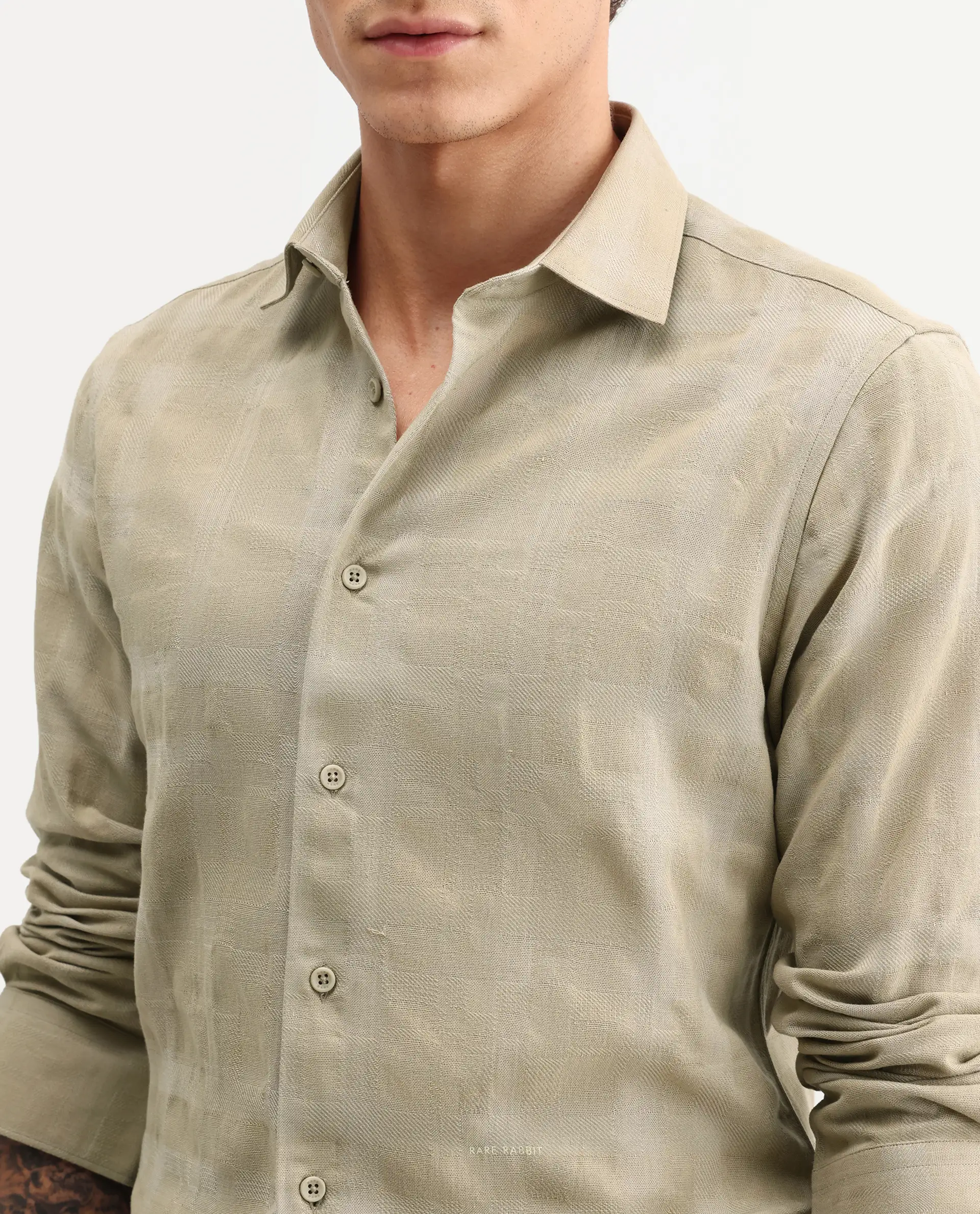 Rare Rabbit Men's Mexa Dusky Green Cotton Blend Fabric Full Sleeve Collared Regular Fit Checked Shirt - Image 3