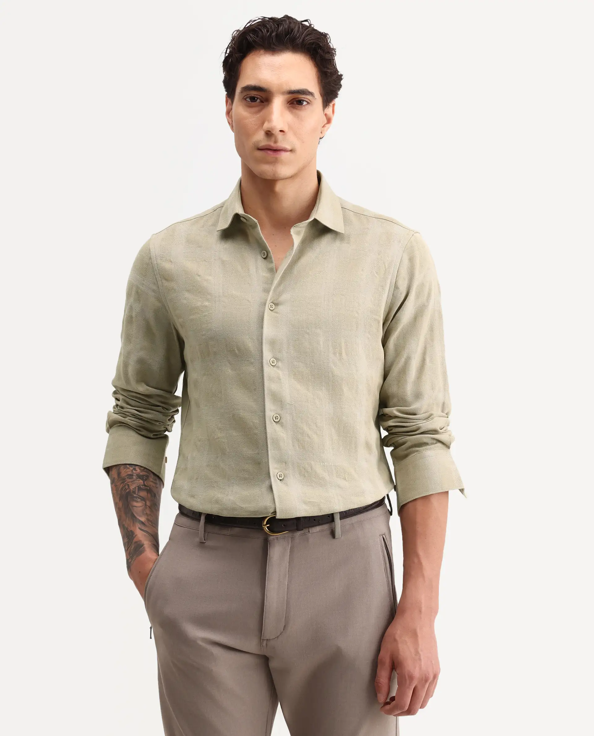 Rare Rabbit Men's Mexa Dusky Green Cotton Blend Fabric Full Sleeve Collared Regular Fit Checked Shirt - Image 4