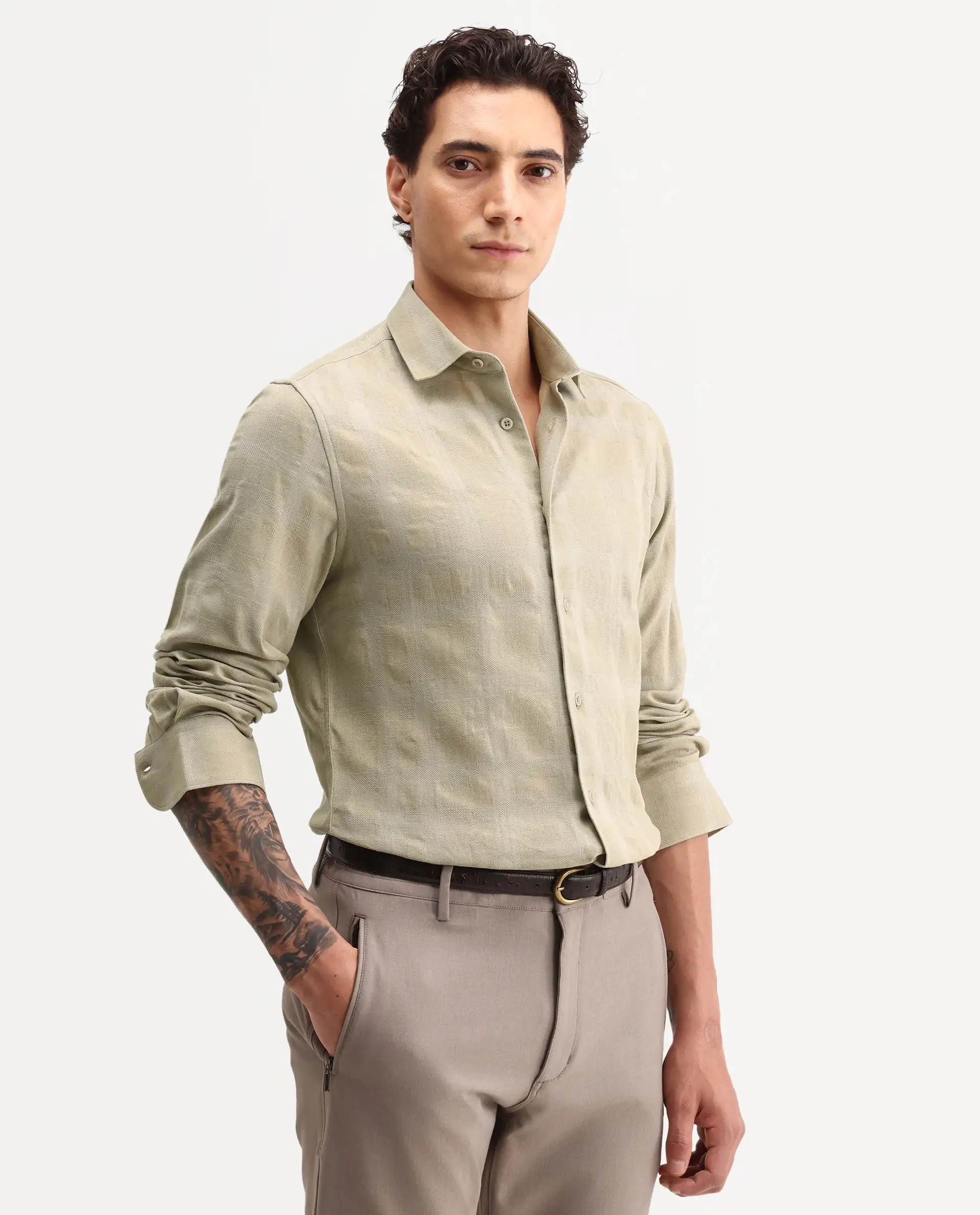 Rare Rabbit Men's Mexa Dusky Green Cotton Blend Fabric Full Sleeve Collared Regular Fit Checked Shirt - Image 5