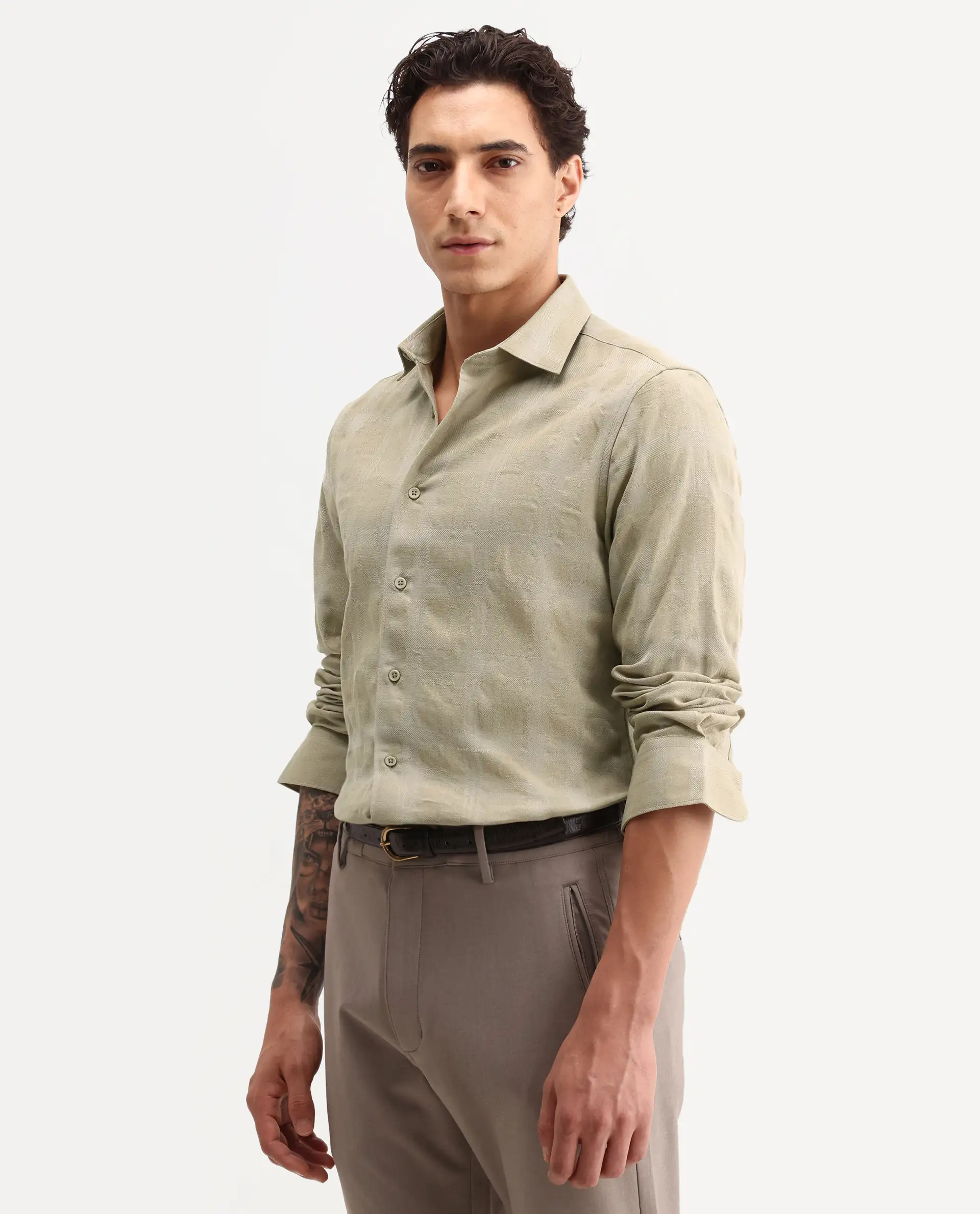 Rare Rabbit Men's Mexa Dusky Green Cotton Blend Fabric Full Sleeve Collared Regular Fit Checked Shirt - Image 6