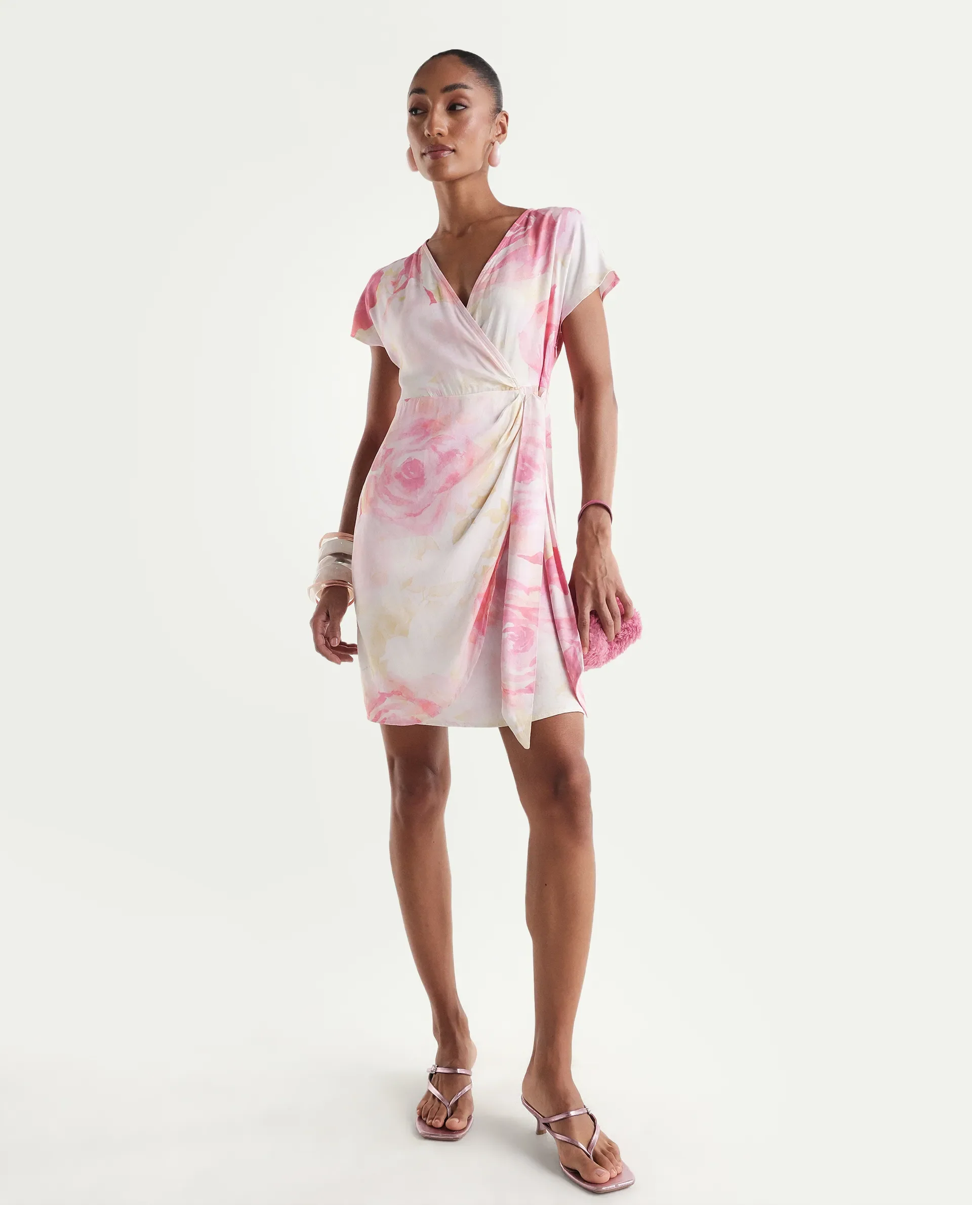 Rareism Women's Meya Off White Viscose Satin Half Sleeve V-Neck Floral Print Dress - Image 2