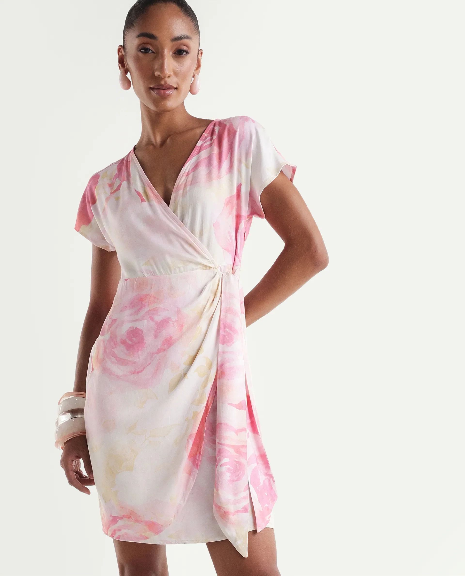 Rareism Women's Meya Off White Viscose Satin Half Sleeve V-Neck Floral Print Dress - Image 3