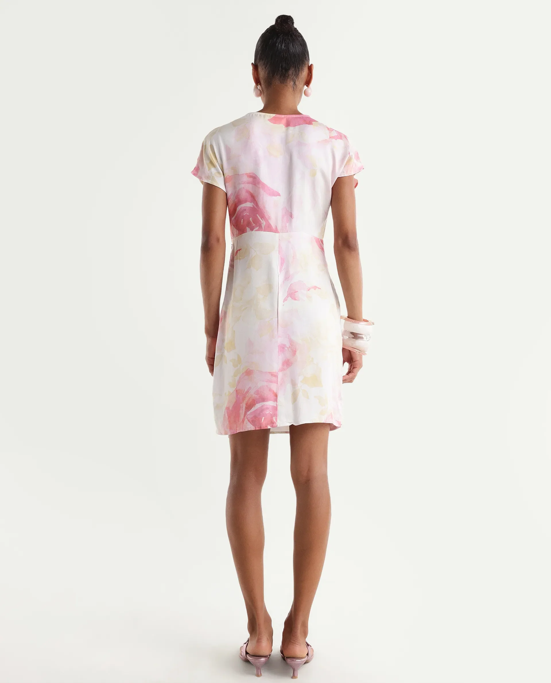 Rareism Women's Meya Off White Viscose Satin Half Sleeve V-Neck Floral Print Dress - Image 6
