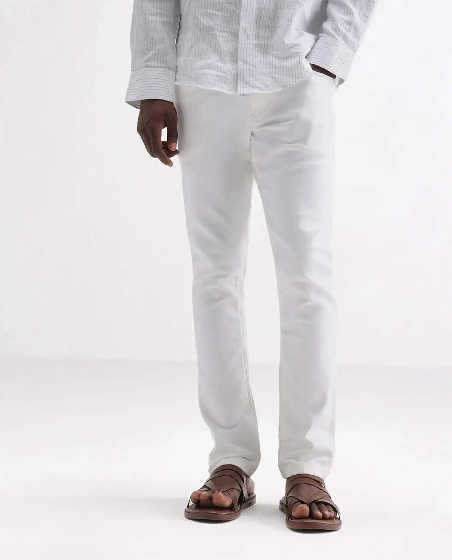 Rare Rabbit Men's Meymac White Cotton Plain Hawk Slim Fit Jeans - Image 10