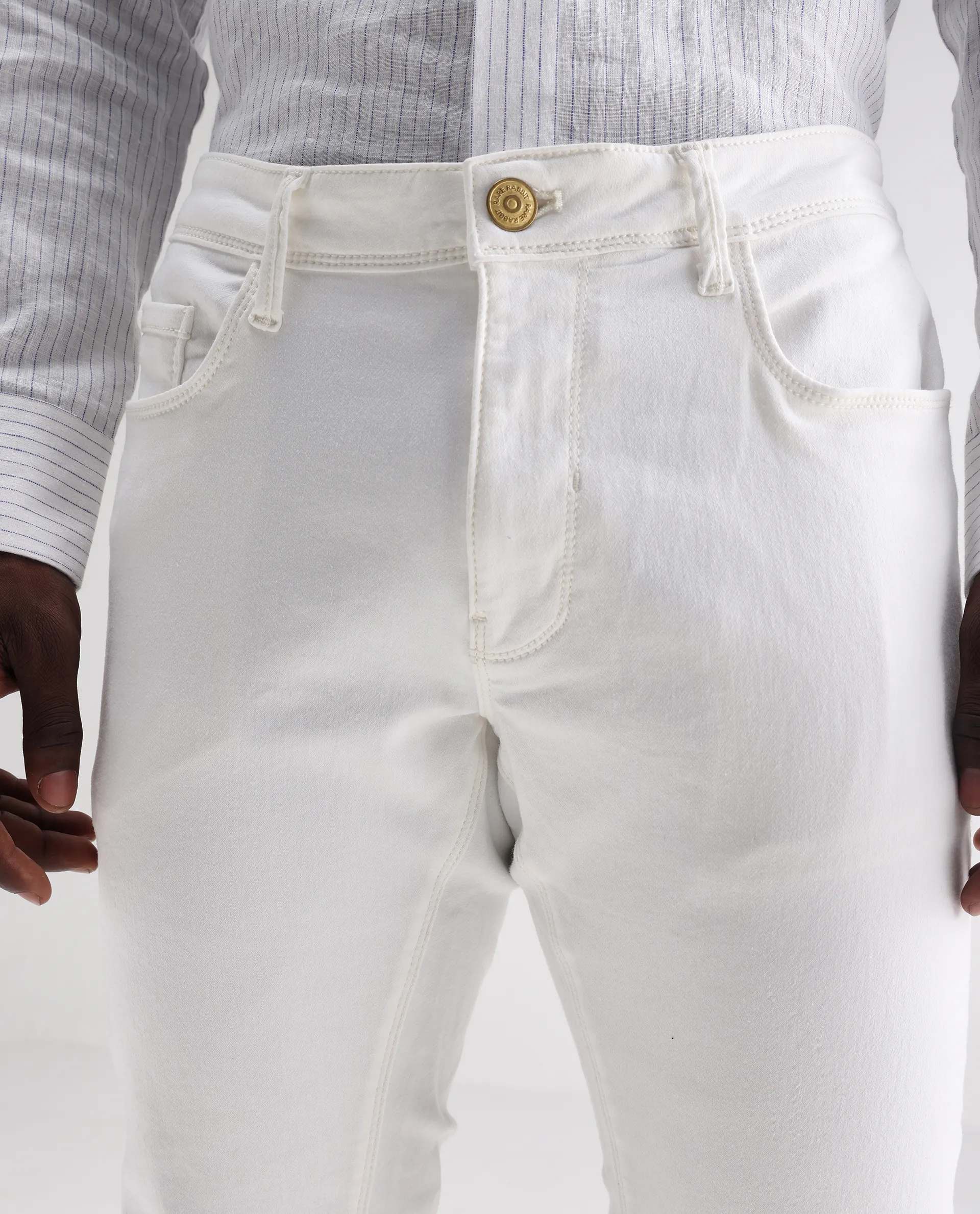 Rare Rabbit Men's Meymac White Cotton Plain Hawk Slim Fit Jeans - Image 4