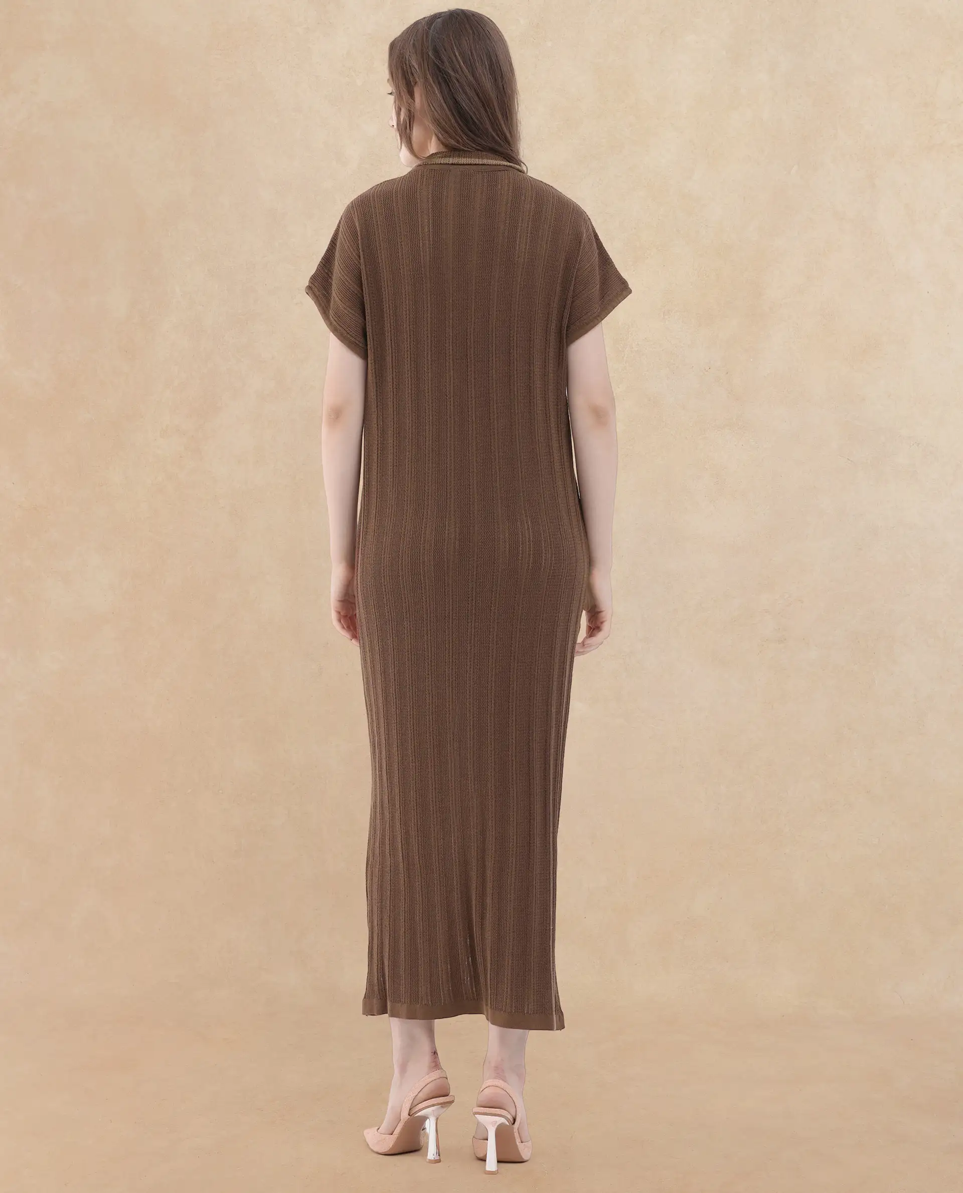 Rareism Women's Meyora Brown Cotton V-Neck Striped Maxi Relaxed Fit Dress - Image 10