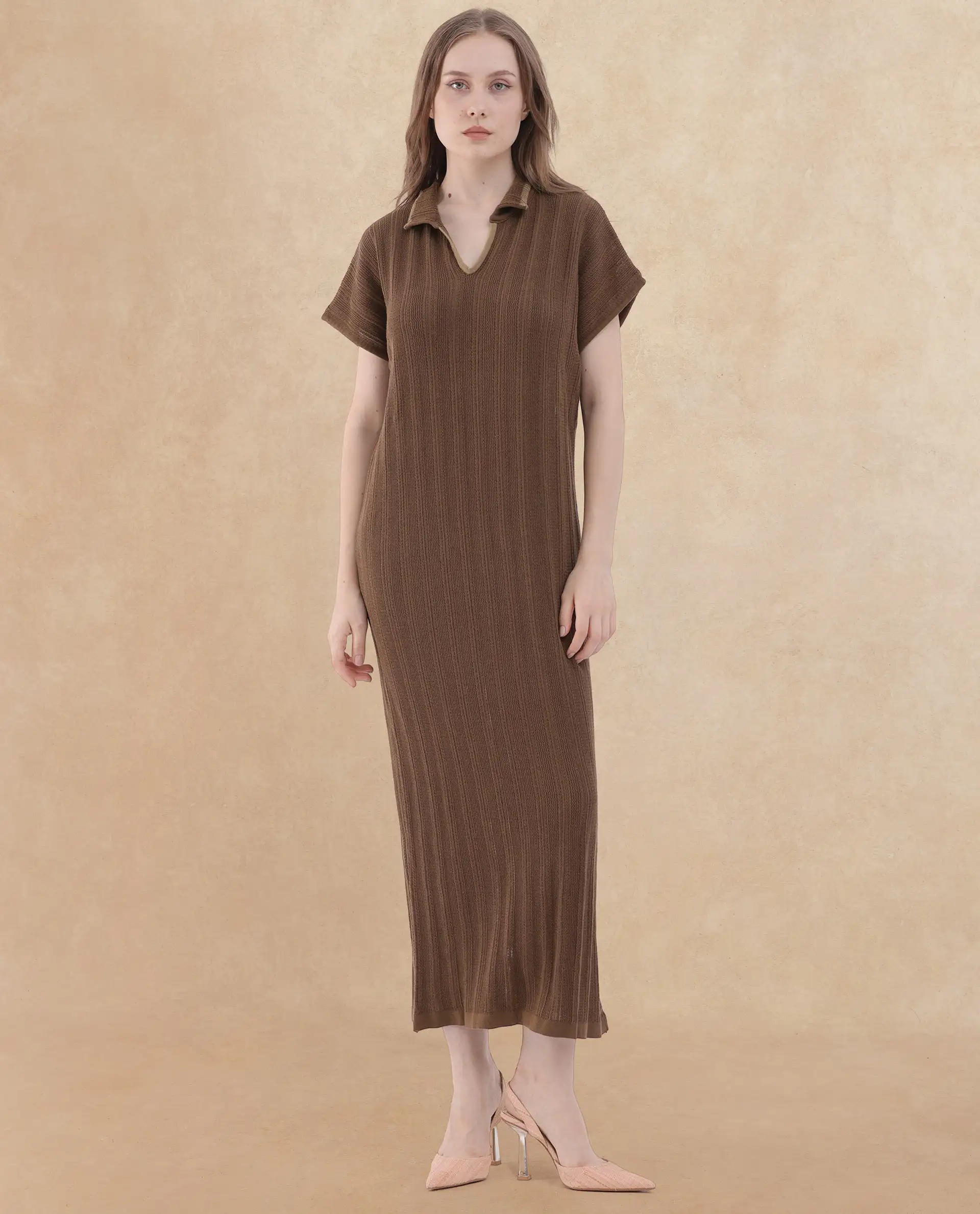 Rareism Women's Meyora Brown Cotton V-Neck Striped Maxi Relaxed Fit Dress - Image 4