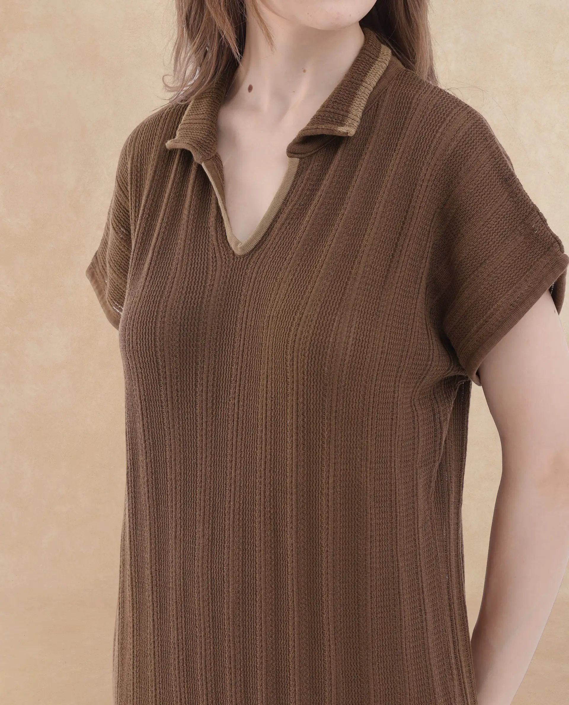 Rareism Women's Meyora Brown Cotton V-Neck Striped Maxi Relaxed Fit Dress - Image 5