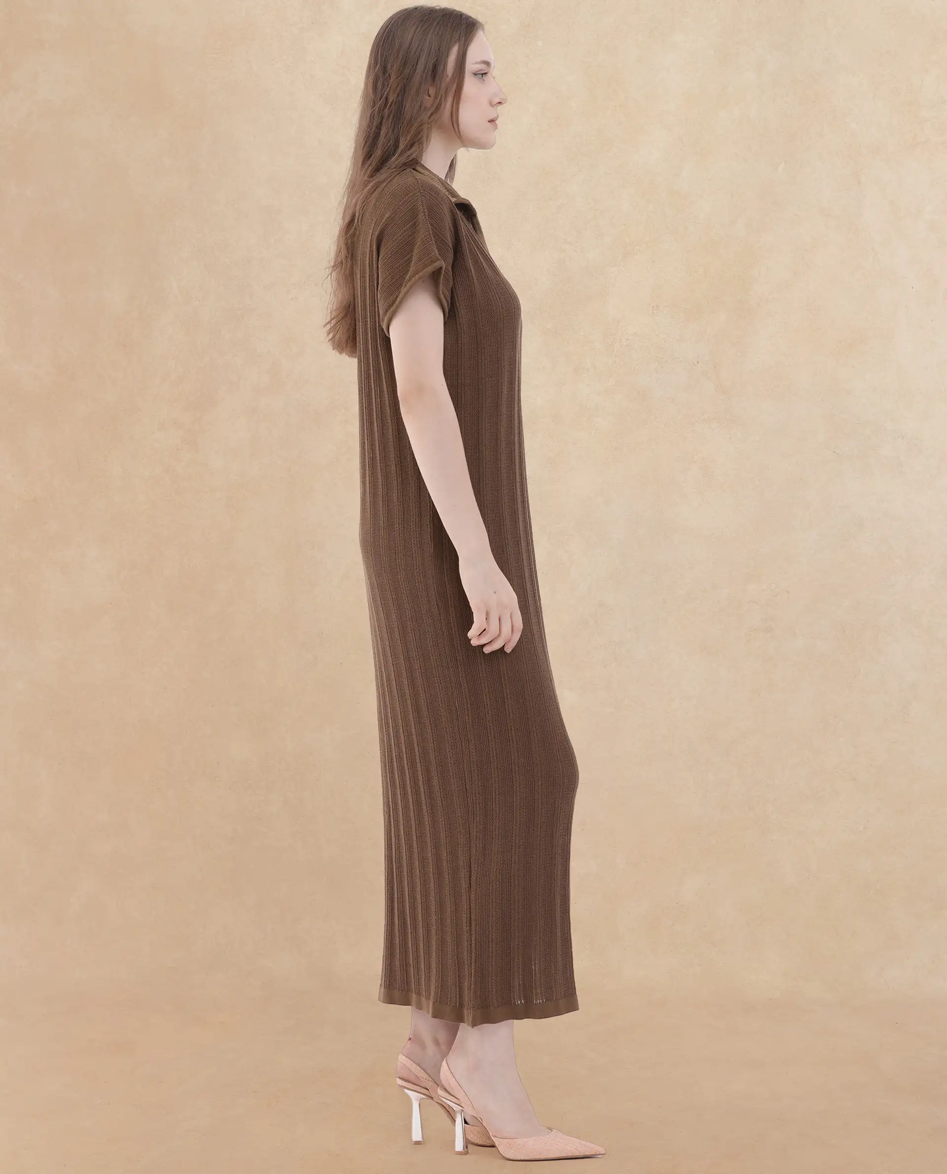 Rareism Women's Meyora Brown Cotton V-Neck Striped Maxi Relaxed Fit Dress - Image 7