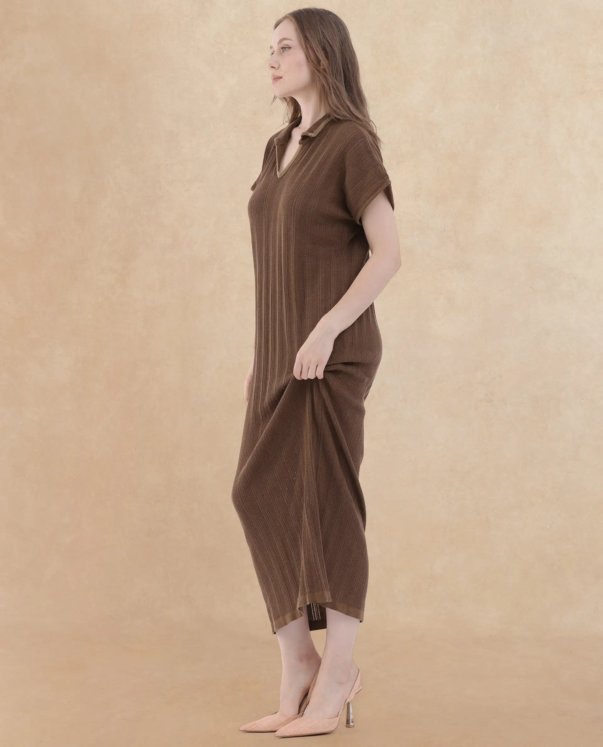 Rareism Women's Meyora Brown Cotton V-Neck Striped Maxi Relaxed Fit Dress - Image 8