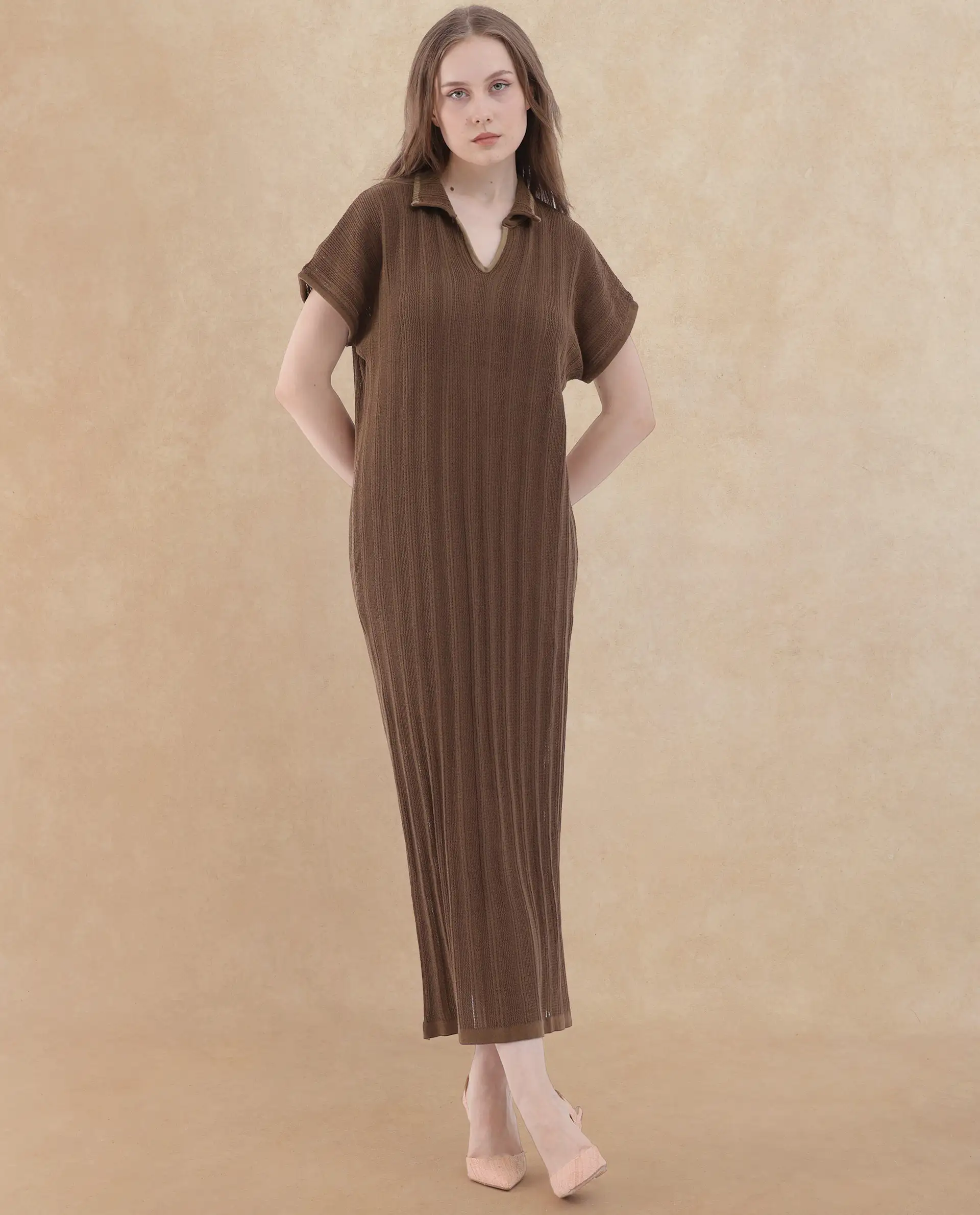 Rareism Women's Meyora Brown Cotton V-Neck Striped Maxi Relaxed Fit Dress - Image 9