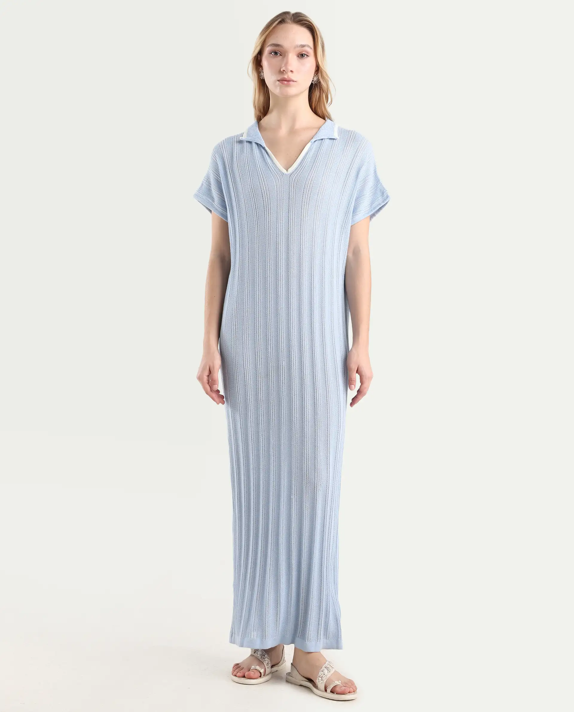 Rareism Women's Meyora Light Blue Cotton Johnny Collar Plain Extended Sleeves Maxi Bodycon Dress - Image 2