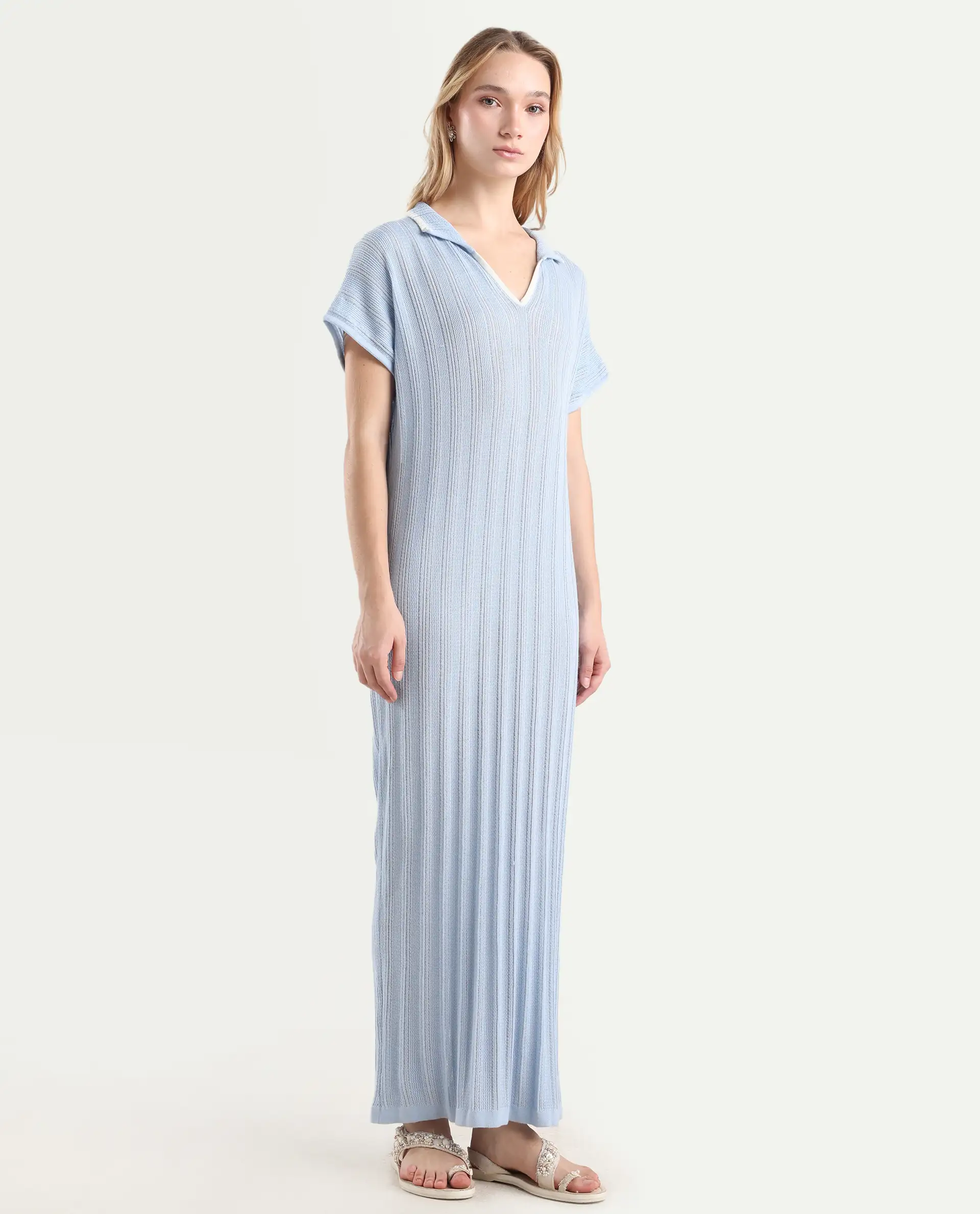 Rareism Women's Meyora Light Blue Cotton Johnny Collar Plain Extended Sleeves Maxi Bodycon Dress - Image 3