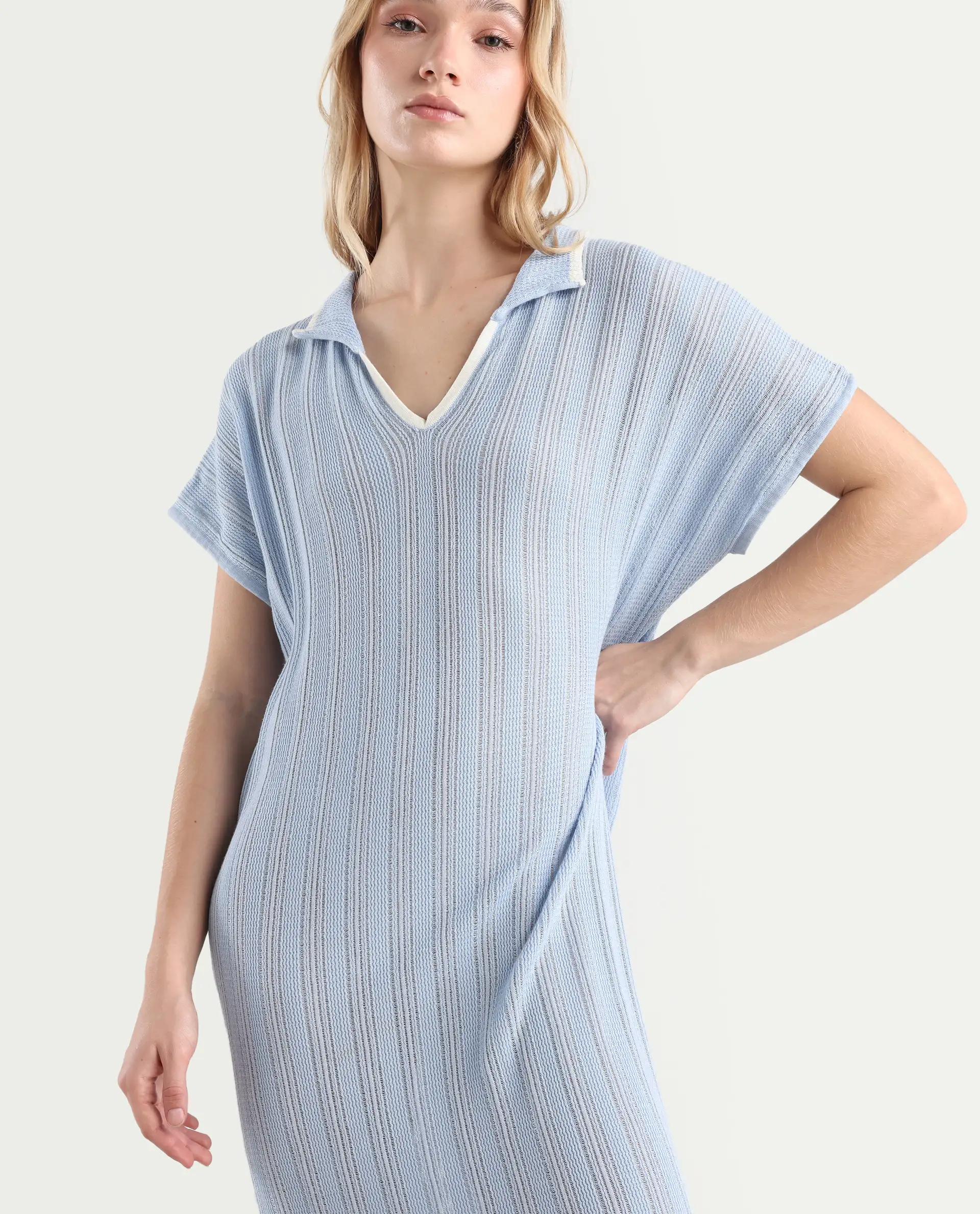 Rareism Women's Meyora Light Blue Cotton Johnny Collar Plain Extended Sleeves Maxi Bodycon Dress - Image 4