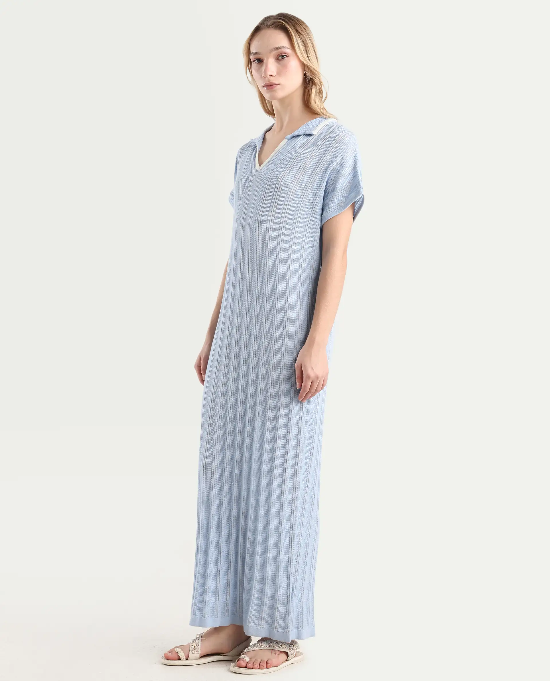 Rareism Women's Meyora Light Blue Cotton Johnny Collar Plain Extended Sleeves Maxi Bodycon Dress - Image 5