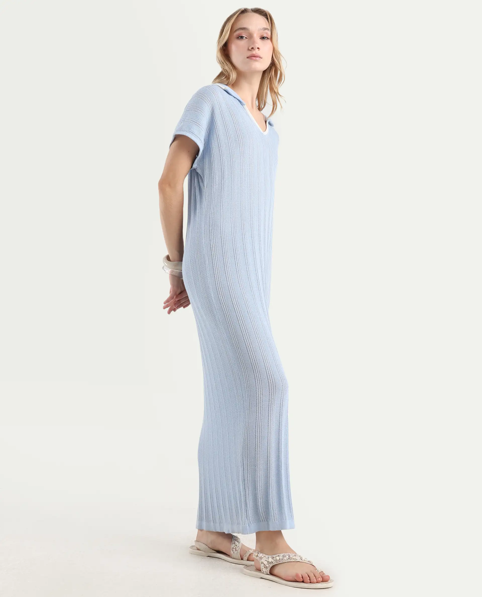 Rareism Women's Meyora Light Blue Cotton Johnny Collar Plain Extended Sleeves Maxi Bodycon Dress - Image 6
