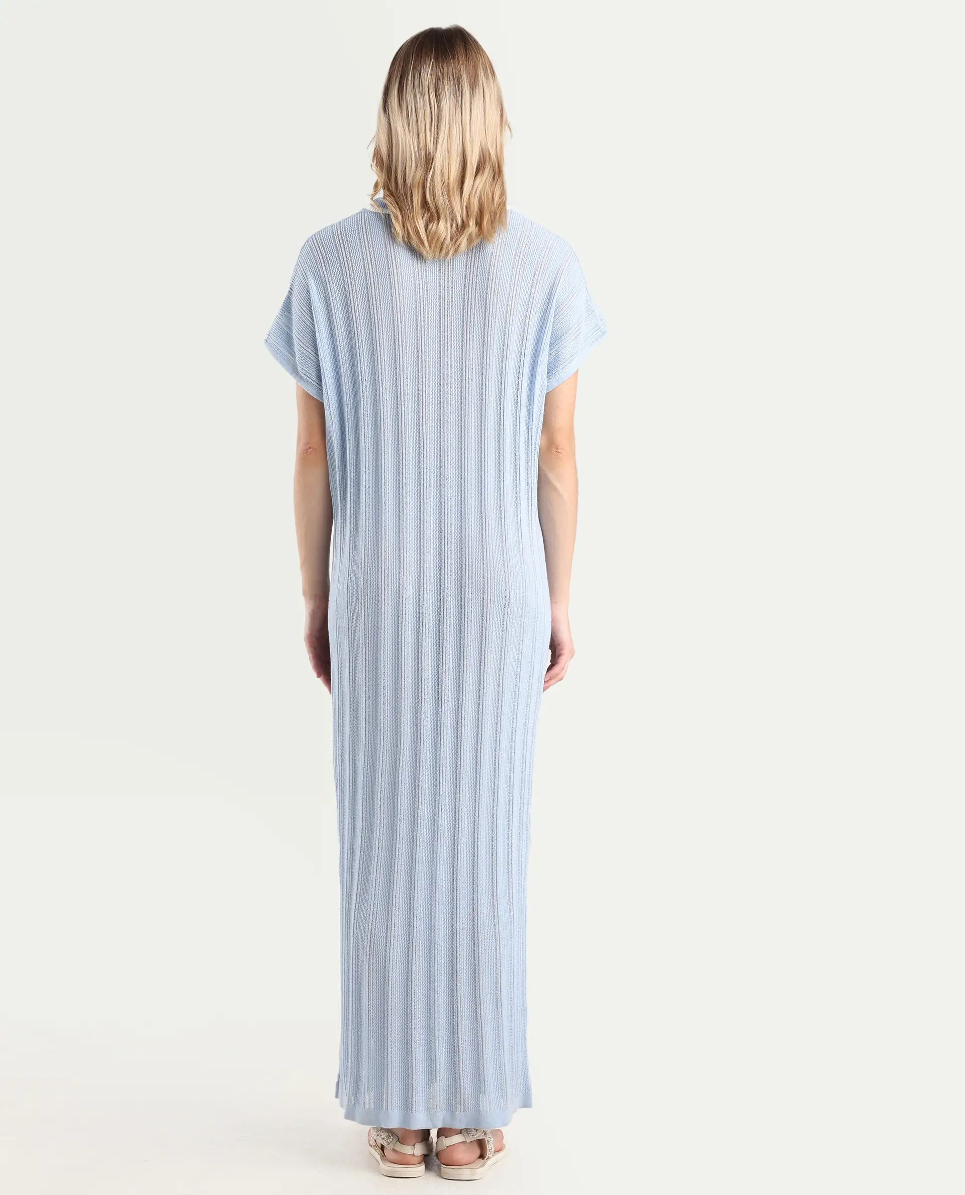 Rareism Women's Meyora Light Blue Cotton Johnny Collar Plain Extended Sleeves Maxi Bodycon Dress - Image 7