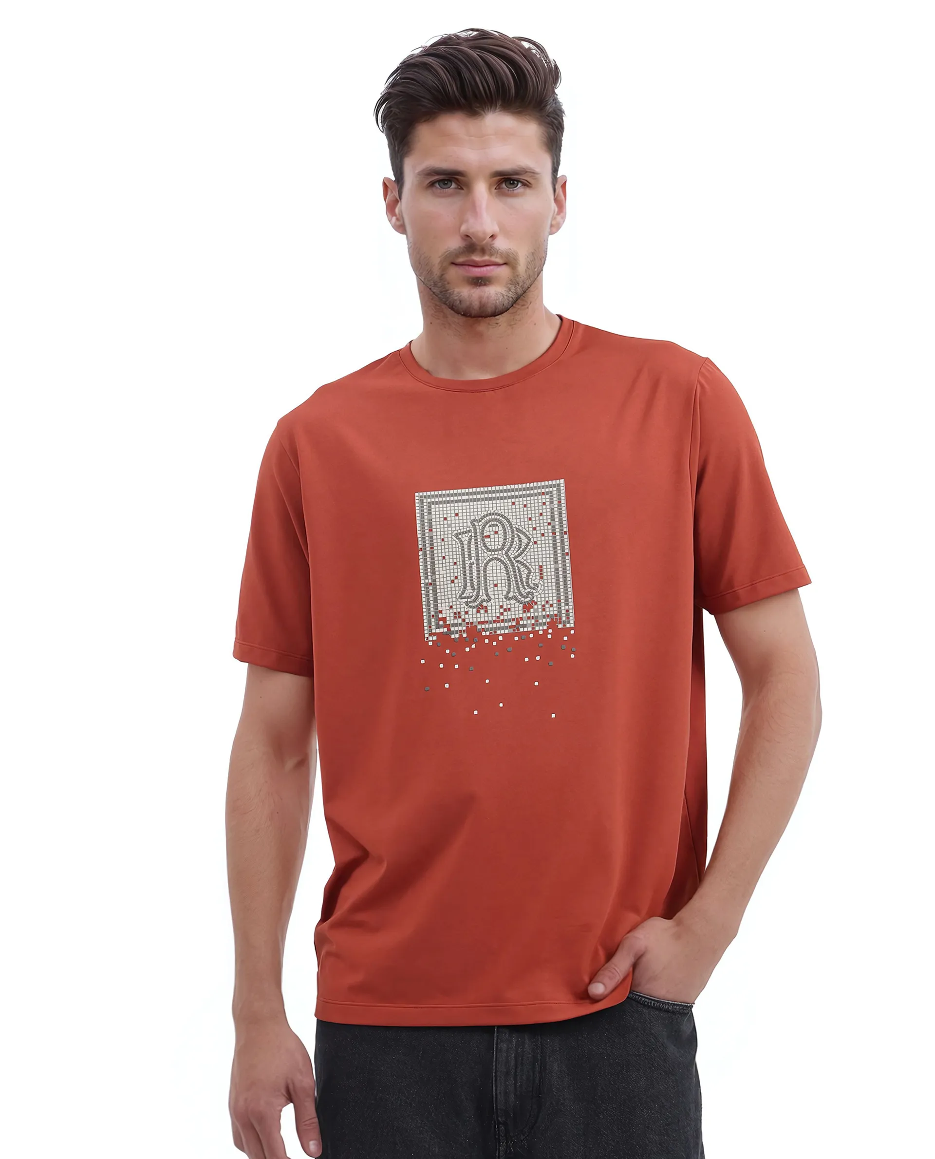 Rare Rabbit Men's Mezoc Dark Rust Cotton Blend Graphic Print Relaxed Fit Half Sleeve Crew Neck T-Shirt - Image 2