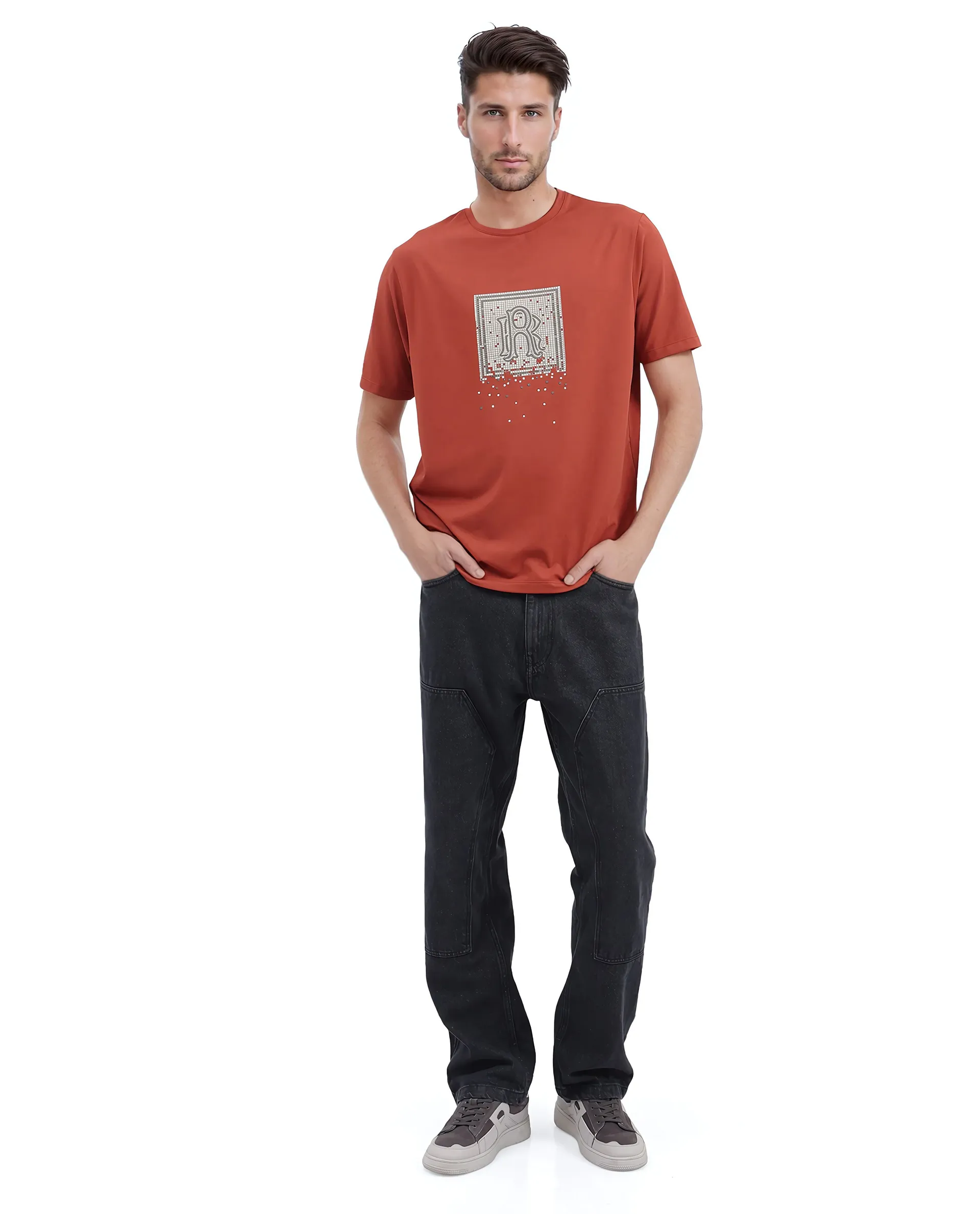 Rare Rabbit Men's Mezoc Dark Rust Cotton Blend Graphic Print Relaxed Fit Half Sleeve Crew Neck T-Shirt - Image 3