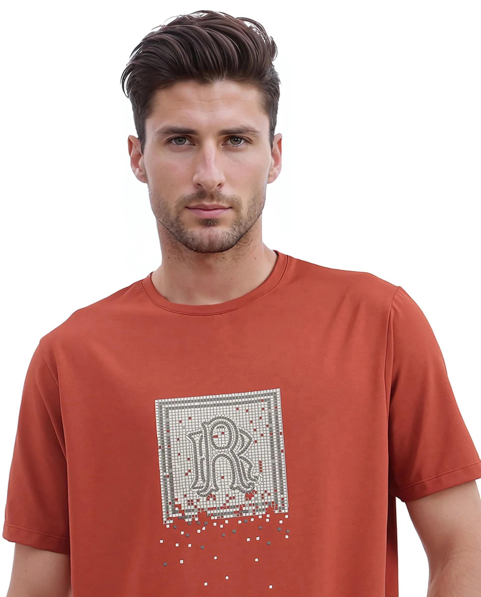 Rare Rabbit Men's Mezoc Dark Rust Cotton Blend Graphic Print Relaxed Fit Half Sleeve Crew Neck T-Shirt - Image 4