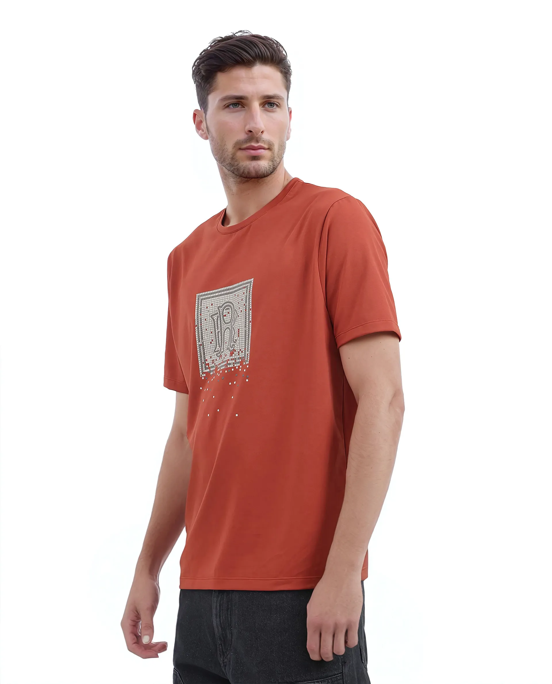 Rare Rabbit Men's Mezoc Dark Rust Cotton Blend Graphic Print Relaxed Fit Half Sleeve Crew Neck T-Shirt - Image 6