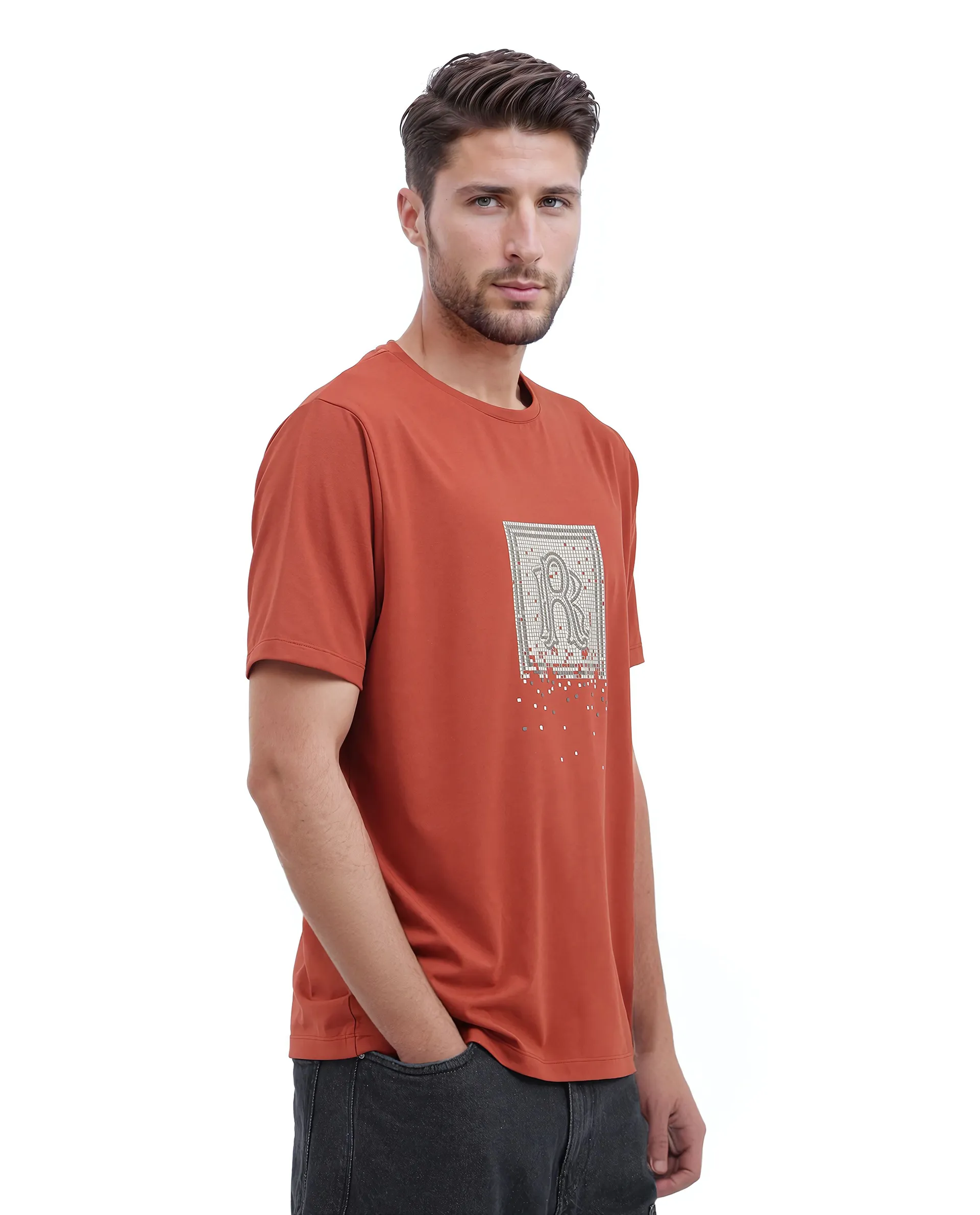 Rare Rabbit Men's Mezoc Dark Rust Cotton Blend Graphic Print Relaxed Fit Half Sleeve Crew Neck T-Shirt - Image 7