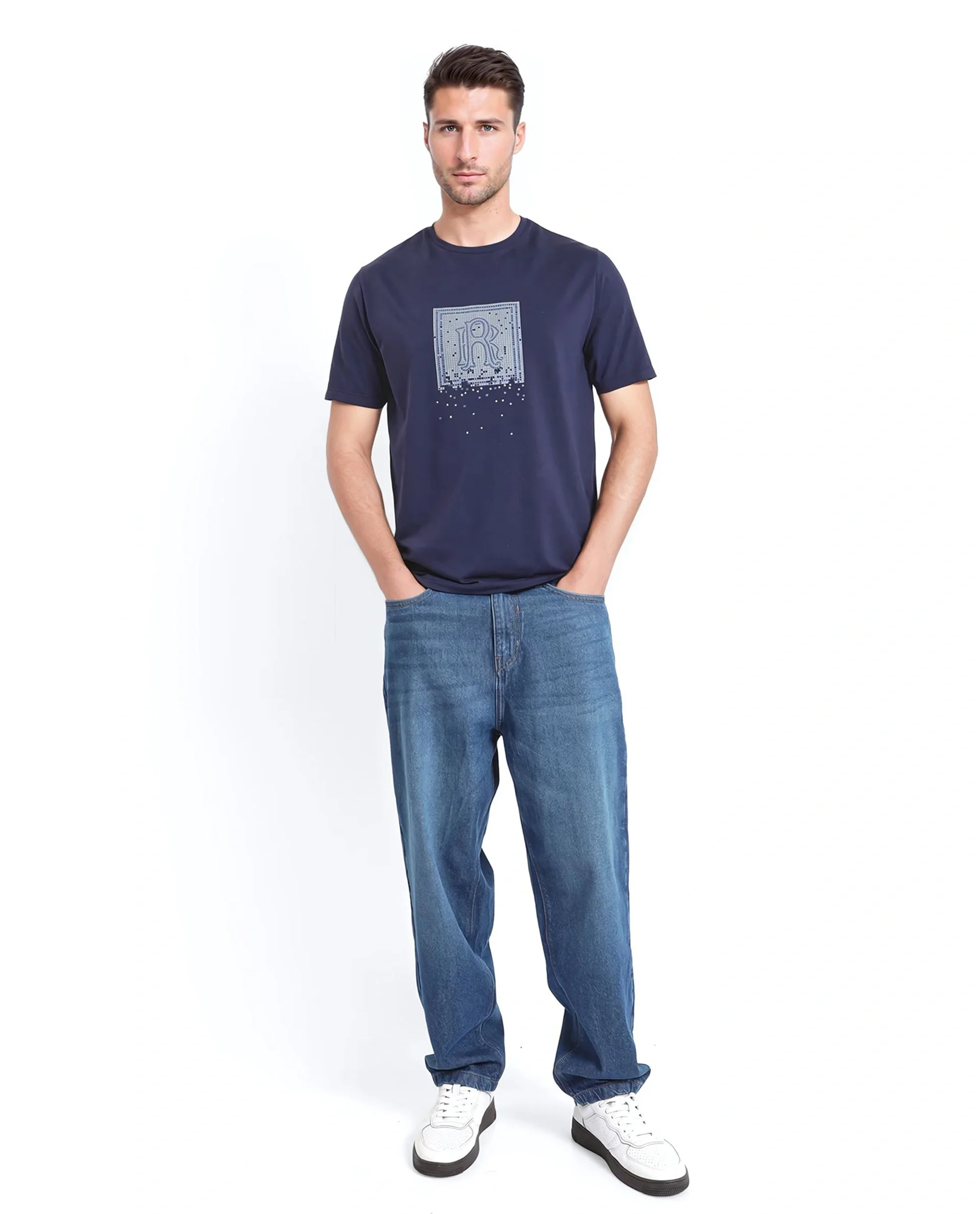 Rare Rabbit Men's Mezoc Navy Cotton Blend Graphic Print Relaxed Fit Half Sleeve Crew Neck T-Shirt - Image 2
